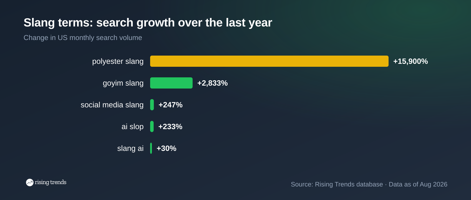 Horizontal bar chart: Slang terms: search growth over the last year. polyester slang +15,900%, goyim slang +2,833%, social media slang +247%, ai slop +233%, slang ai +30%