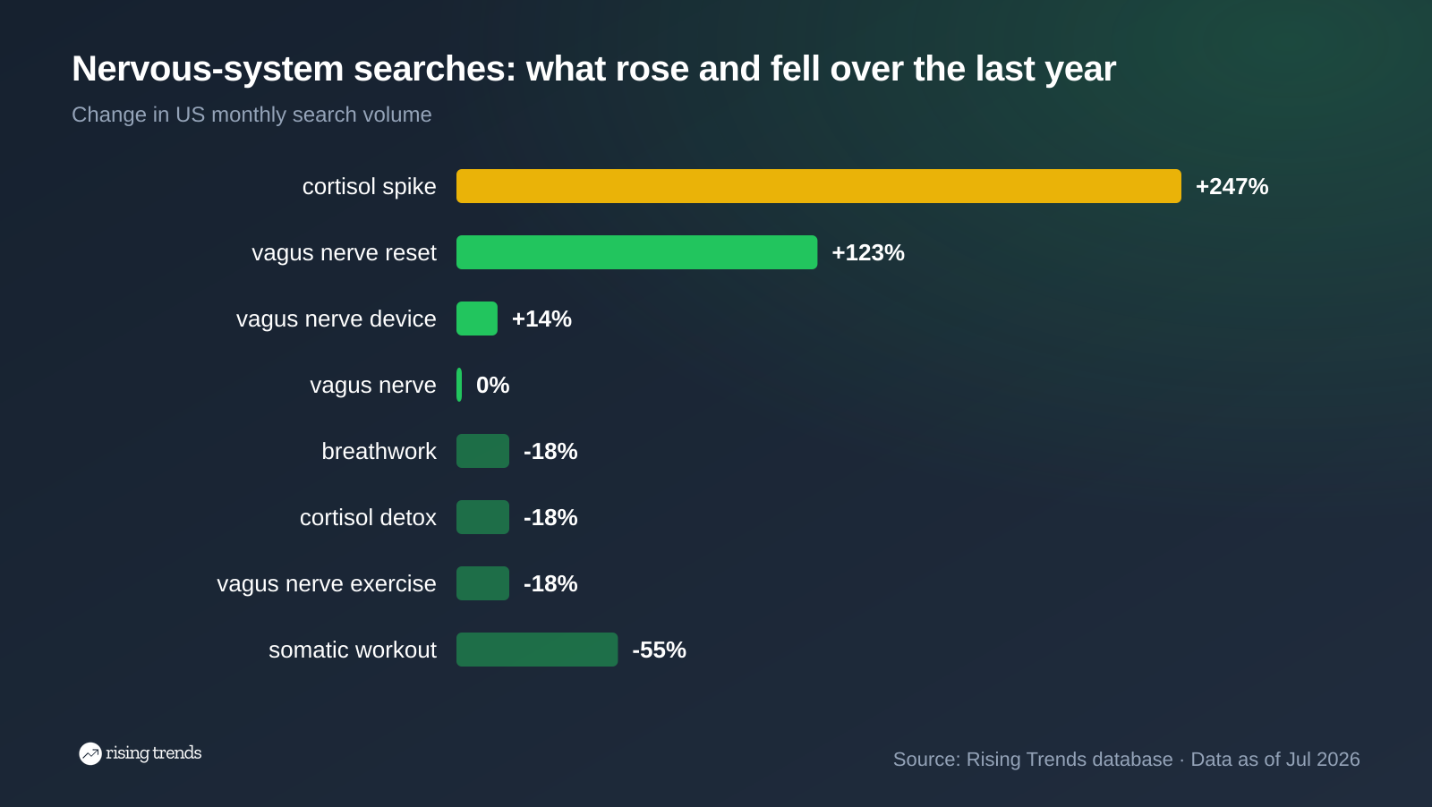 Horizontal bar chart: Nervous-system searches: what rose and fell over the last year. cortisol spike +247%, vagus nerve reset +123%, vagus nerve device +14%, vagus nerve 0%, breathwork -18%, cortisol detox -18%, vagus nerve exercise -18%, somatic workout -55%