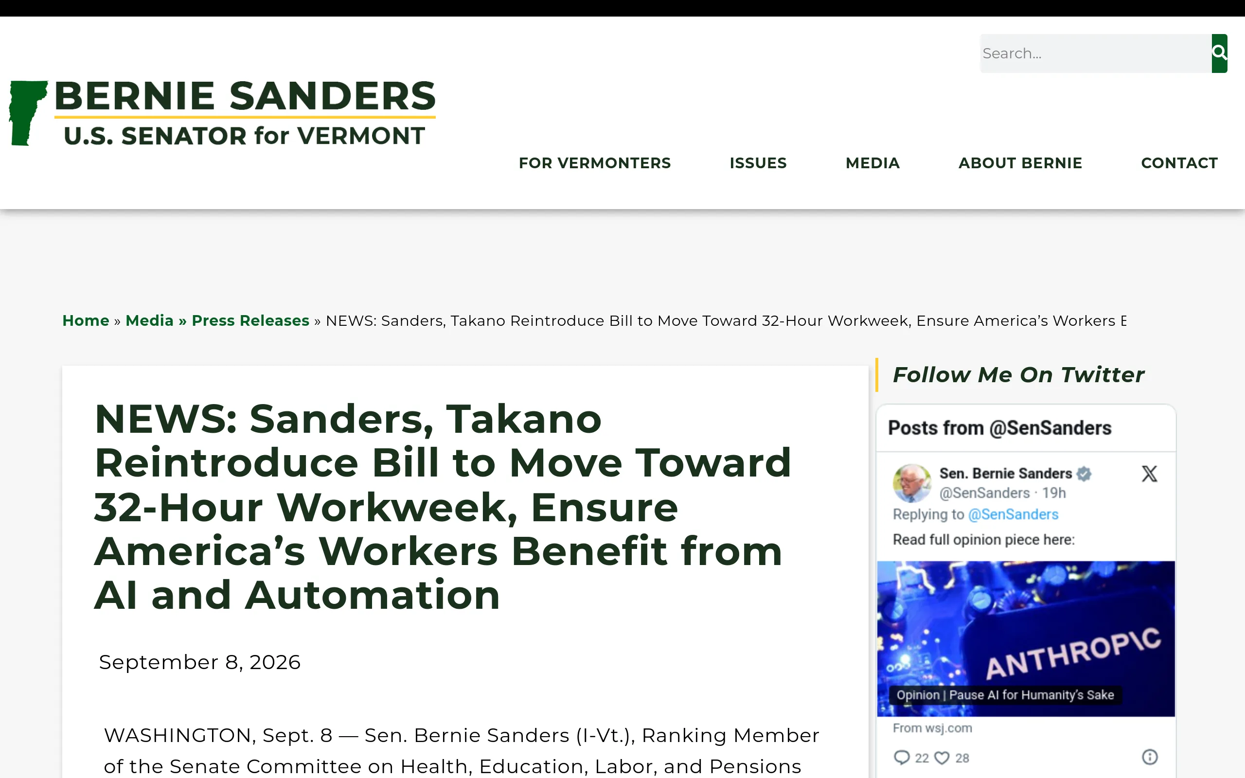 Senator Bernie Sanders official press release page dated September 8, 2026, headlined Sanders, Takano Reintroduce Bill to Move Toward 32-Hour Workweek