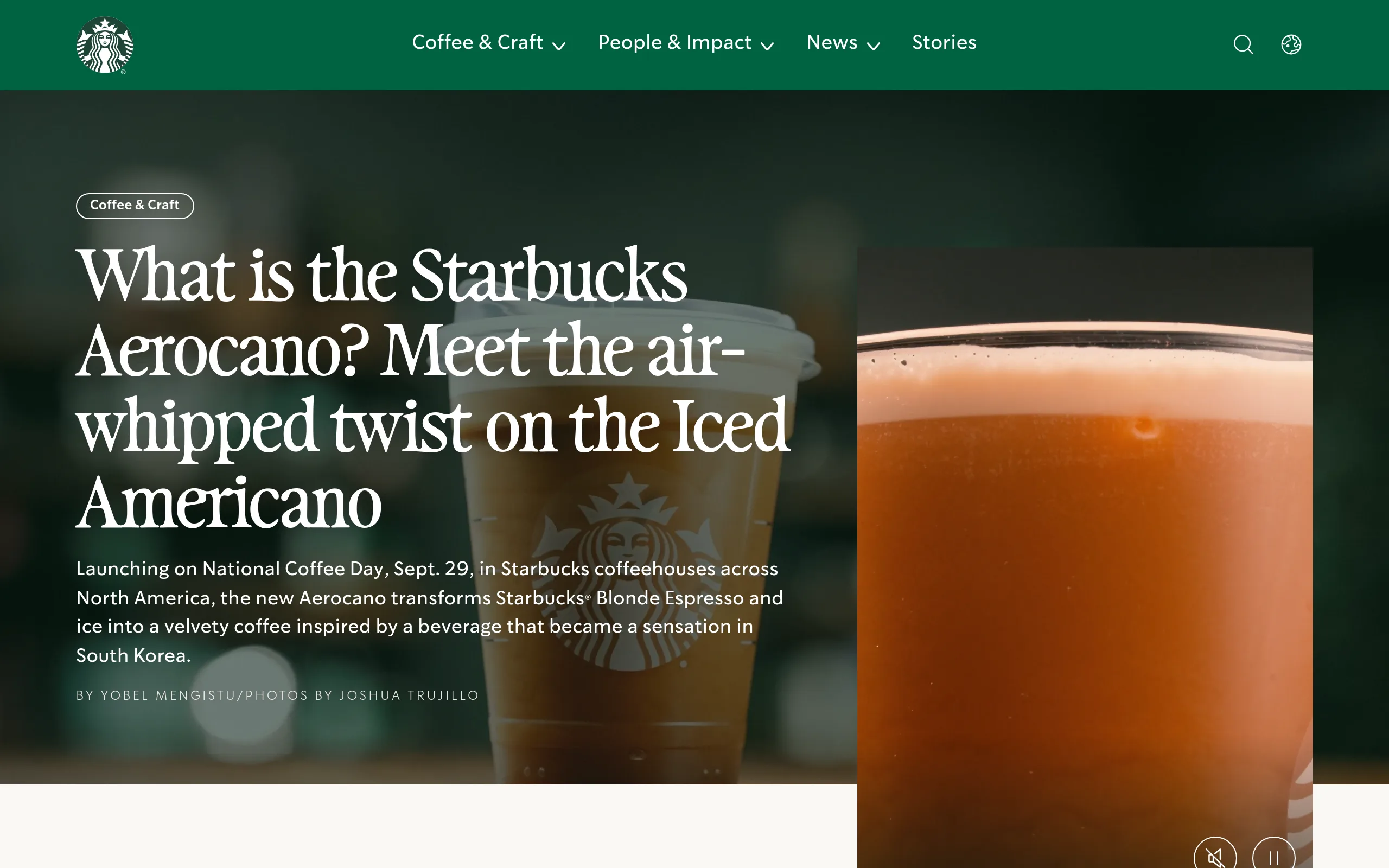 Starbucks newsroom page for the Aerocano, showing the air-whipped iced espresso and the Sept. 29 North America launch date