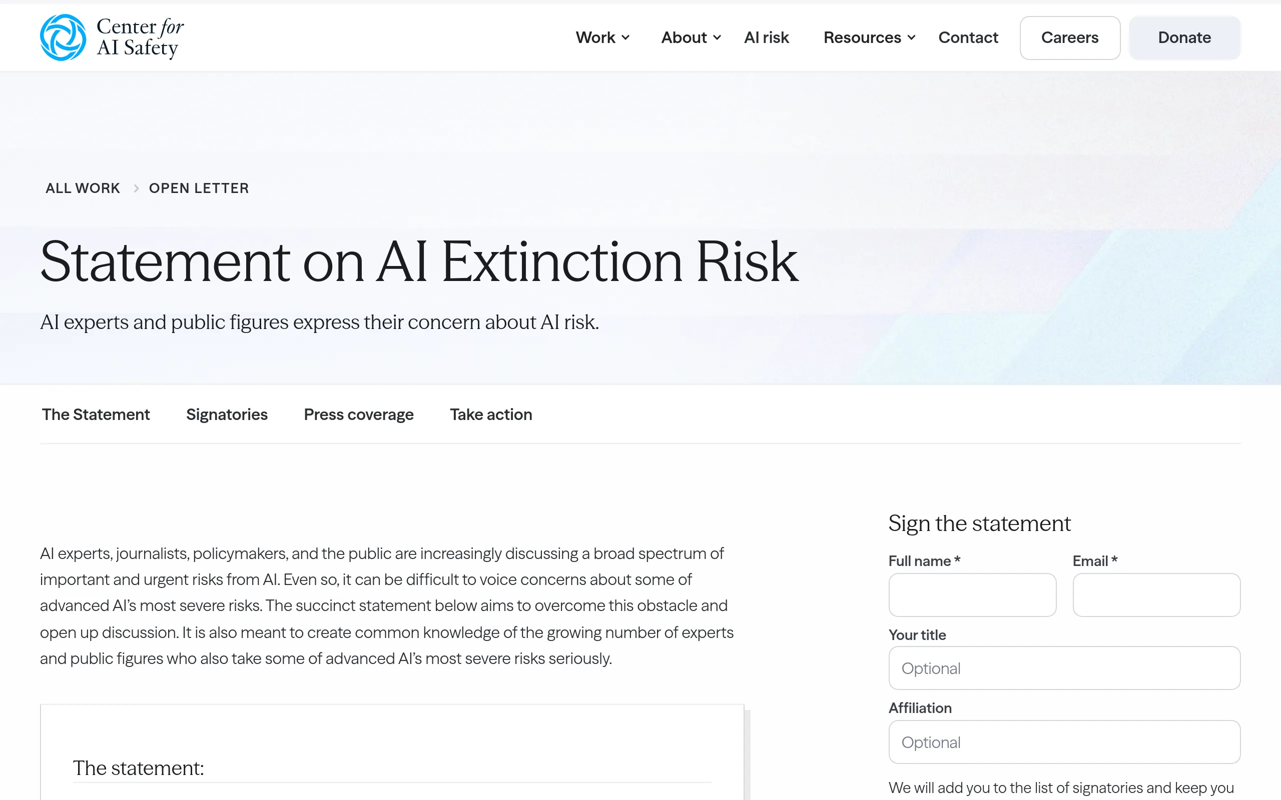 The Center for AI Safety statement page, headlined Statement on AI Extinction Risk, with the subtitle AI experts and public figures express their concern about AI risk, tabs for the statement and signatories, and an introductory paragraph explaining the statement's purpose