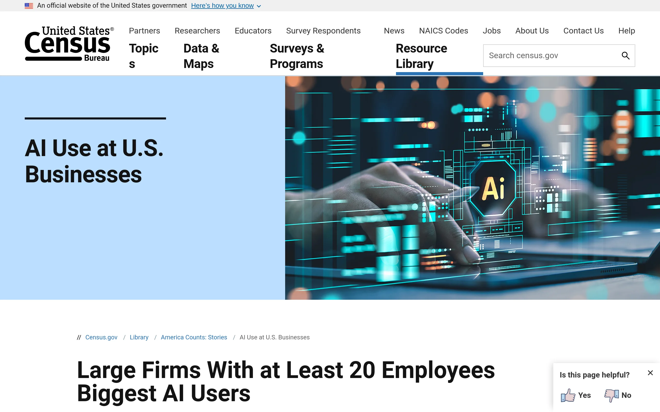 US Census Bureau page reporting 19.8 percent of US businesses used AI as of May 2026