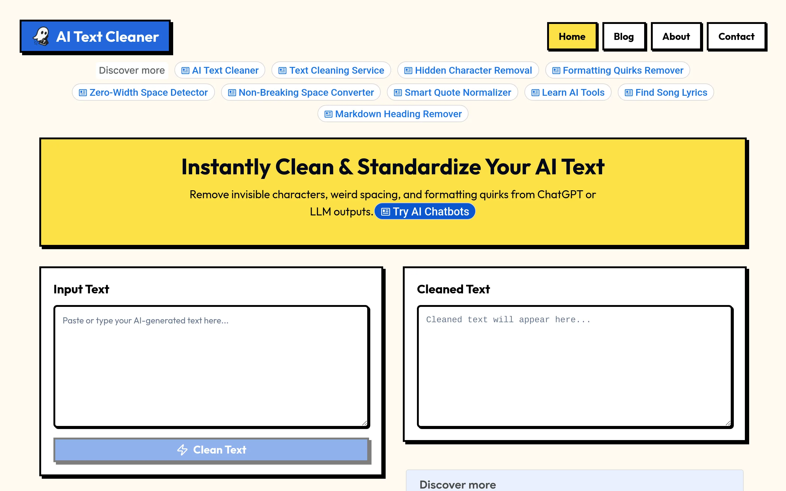 AI Text Cleaner tool showing paste box and cleaning toggles for hidden characters, dashes and smart quotes