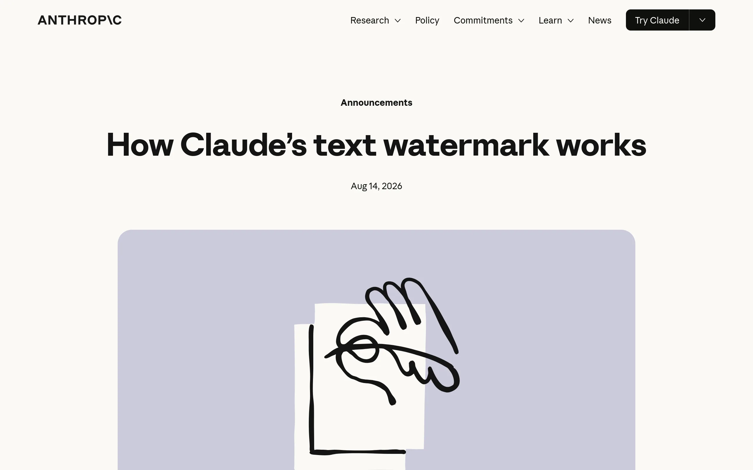 Anthropic's August 2026 explainer page titled How Claude's text watermark works, describing the keyed word-choice method