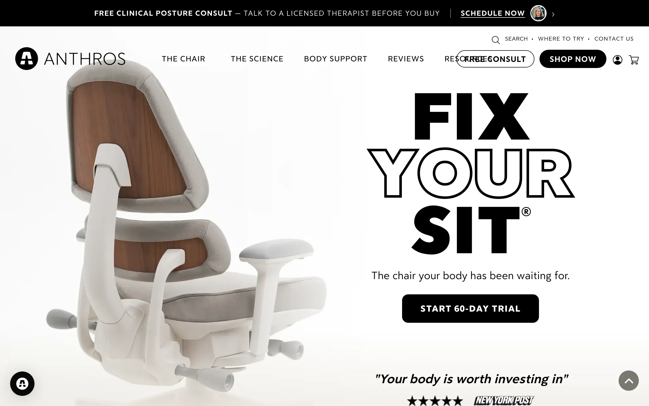 The Anthros chair homepage showing the chair from behind with its two part back, the slogan Fix Your Sit, a start 60 day trial button and a banner offering a free clinical posture consult