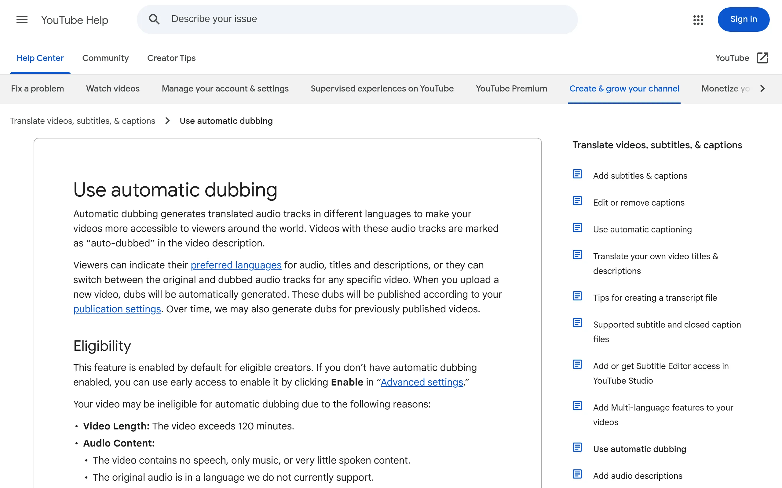 YouTube Help page for automatic dubbing, showing that the feature generates translated audio tracks and is enabled by default for eligible creators
