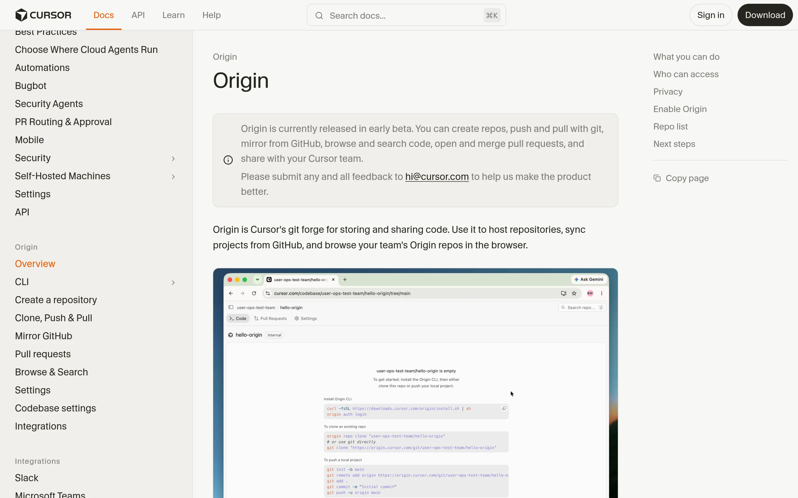 Cursor Origin documentation page listing what the early beta supports: create repos, clone push and pull with git, mirror a GitHub repository, open and merge pull requests, browse and search code