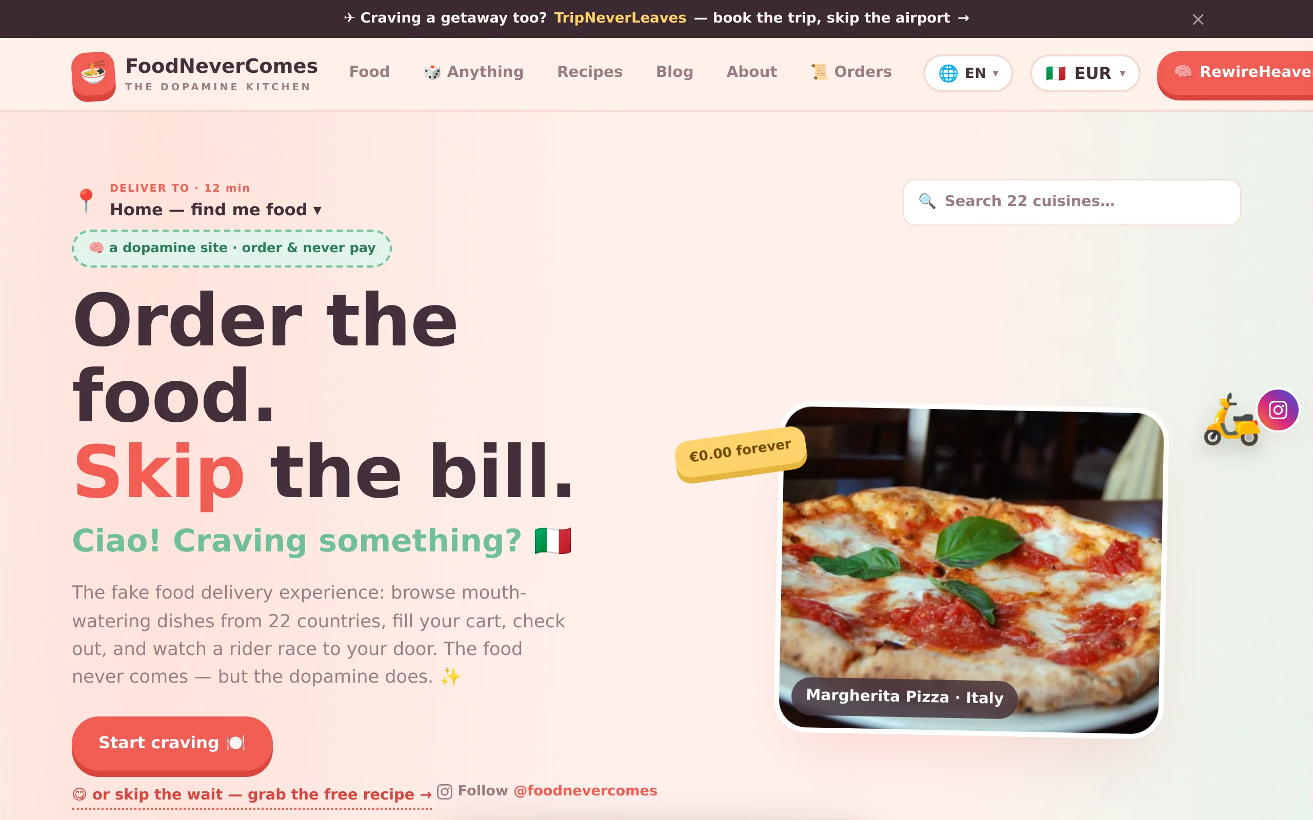 FoodNeverComes, a fake food delivery site: a menu of dishes with prices, an add-to-cart button and a checkout that never charges you