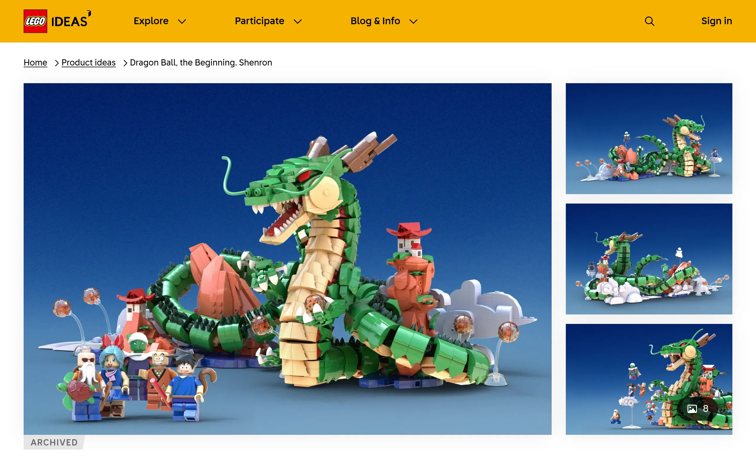LEGO Ideas page for the archived fan project Dragon Ball, the Beginning. Shenron, with 8,879 supporters