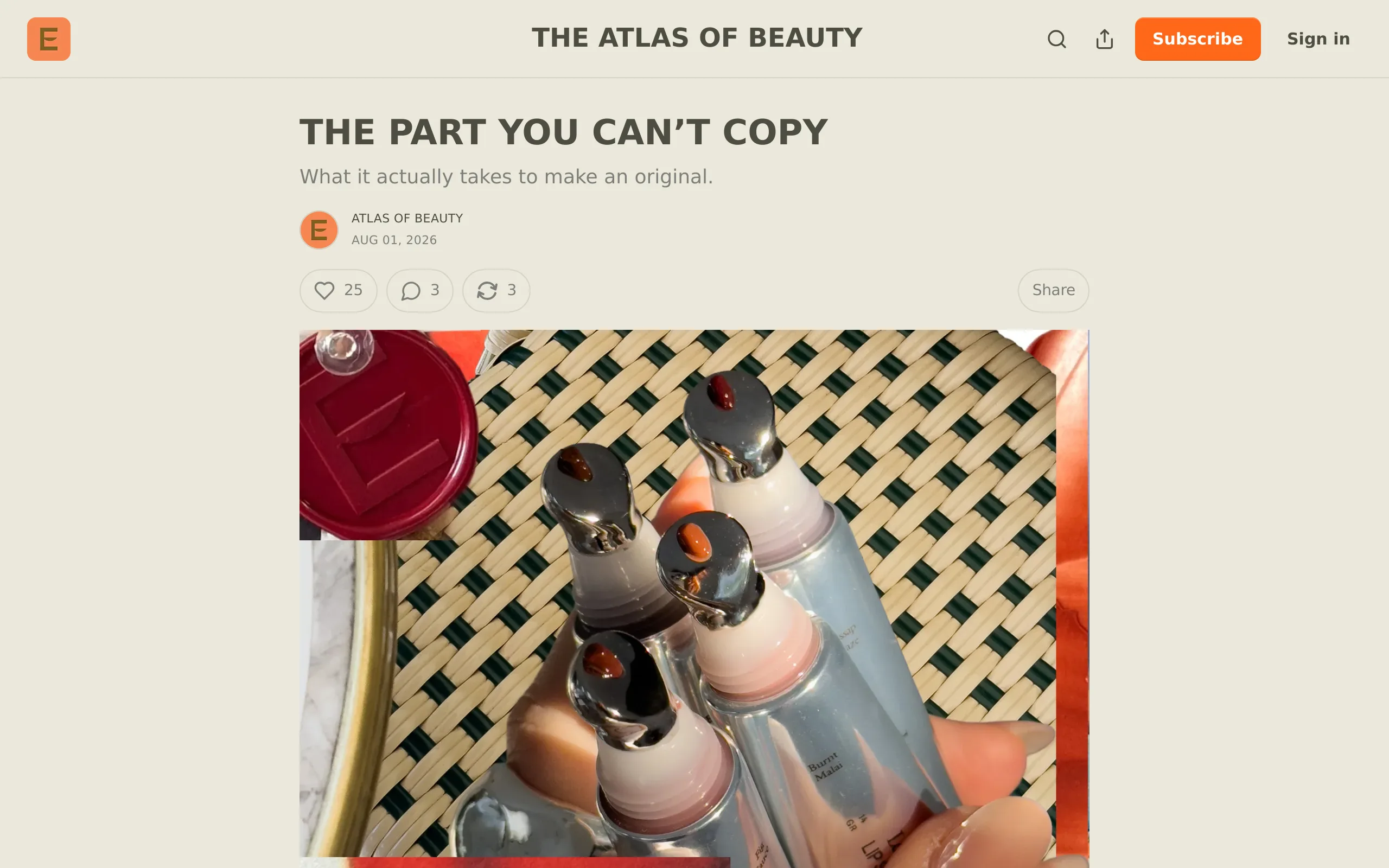 Eadem founders post titled The Part You Cant Copy on the brand Atlas of Beauty newsletter, dated Aug 01 2026, above a photo of four chrome Le Chouchou tubes with metal applicator tips