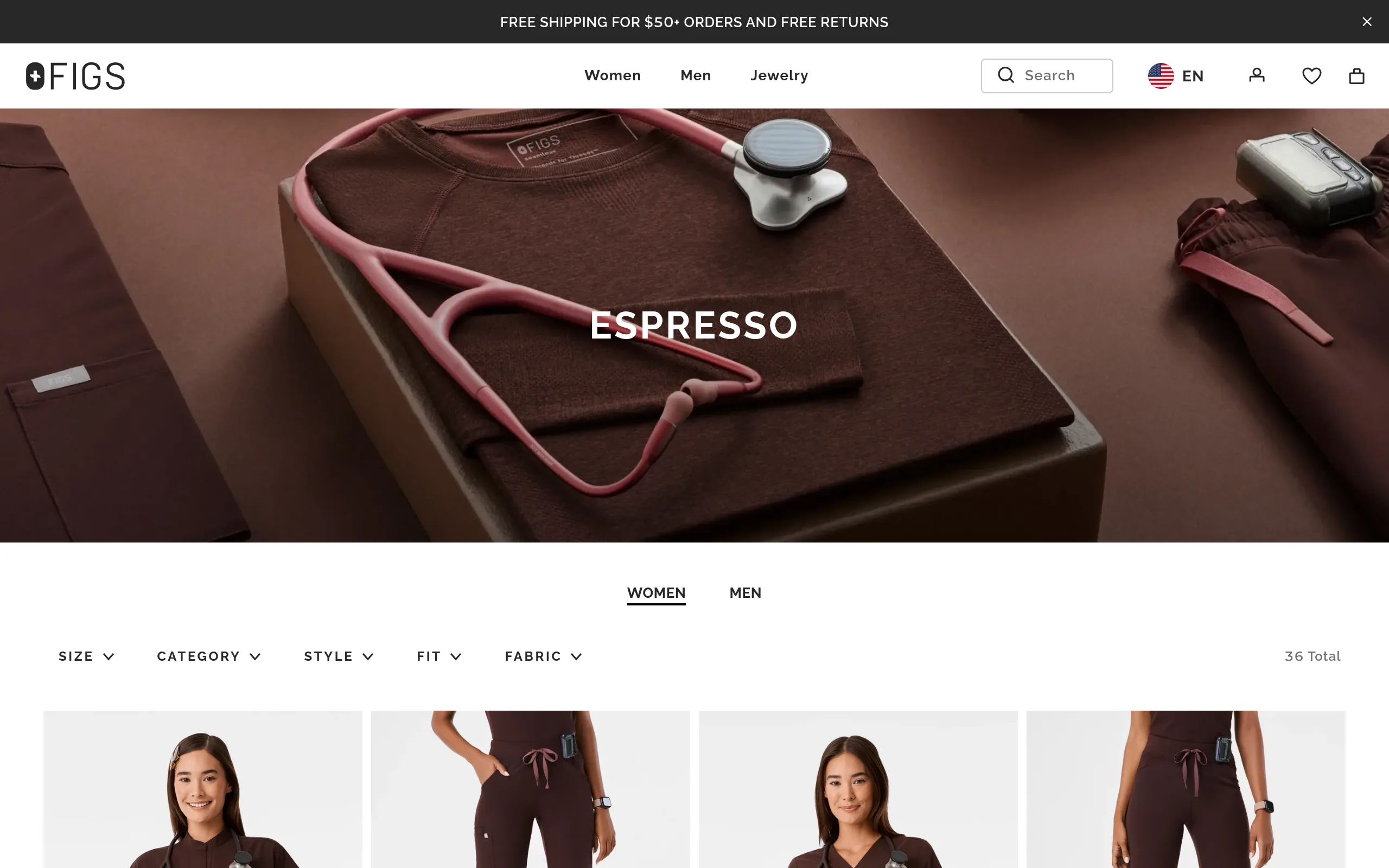 The FIGS Espresso collection page for women on 20 October 2026, showing scrub tops, pants and boucle outerwear in the dark brown colorway