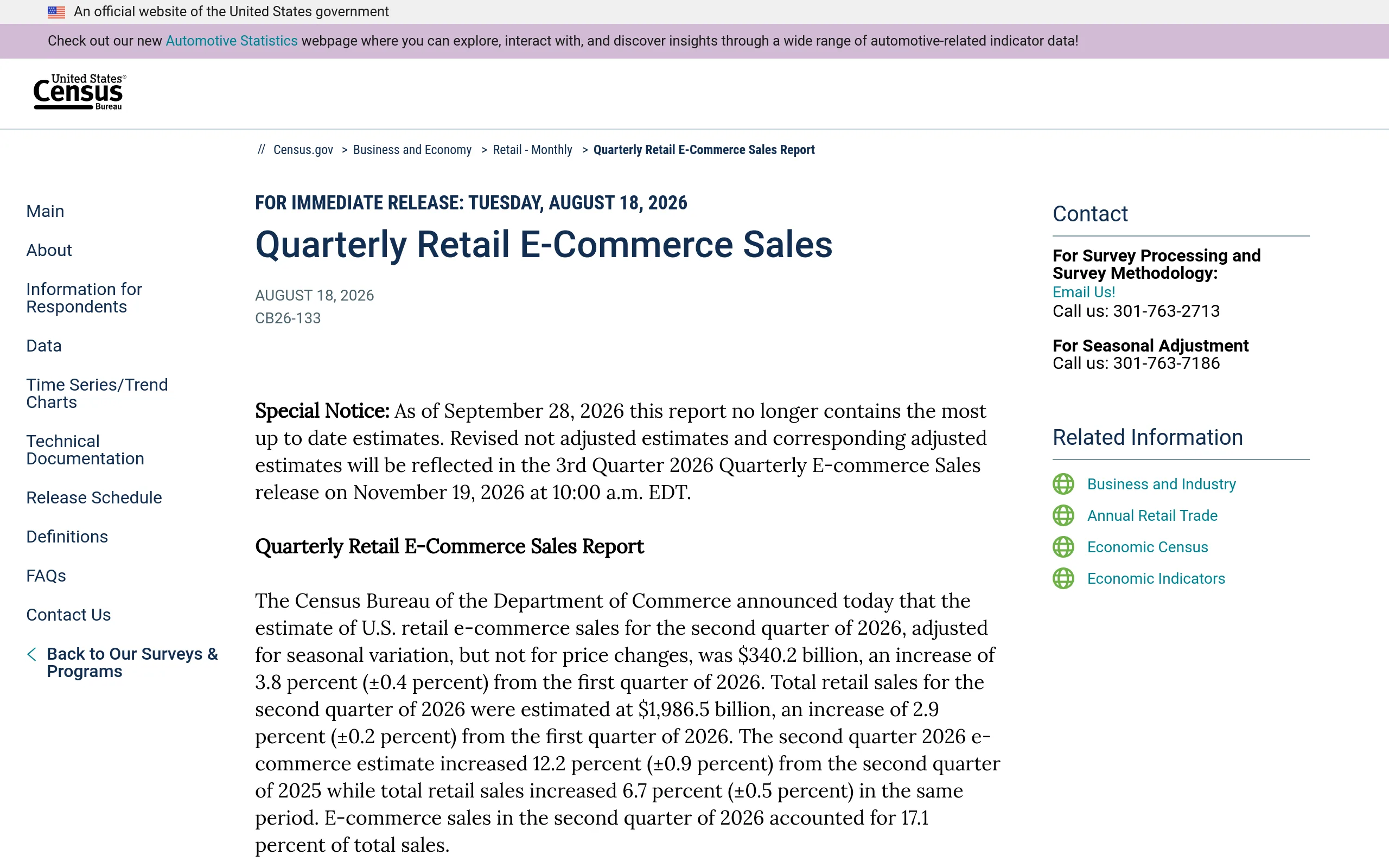 US Census Bureau page showing Q2 2026 retail e-commerce sales of 340.2 billion dollars, 17.1 percent of total retail