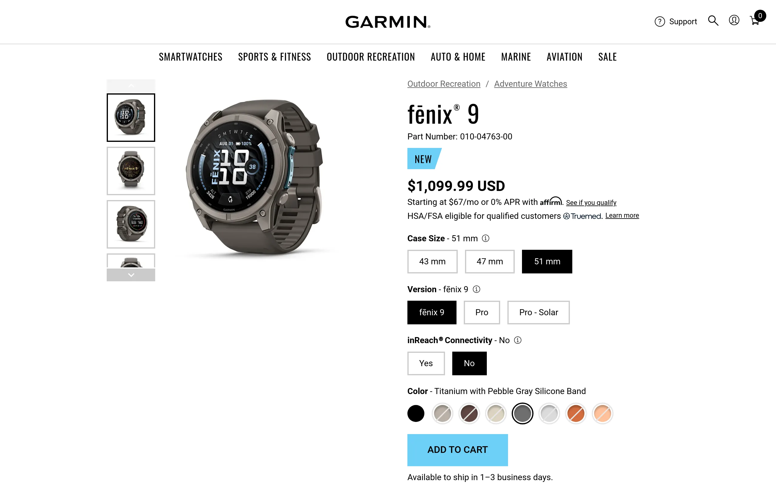 Garmin fenix 9 51mm product page showing the watch, the price and the buy button