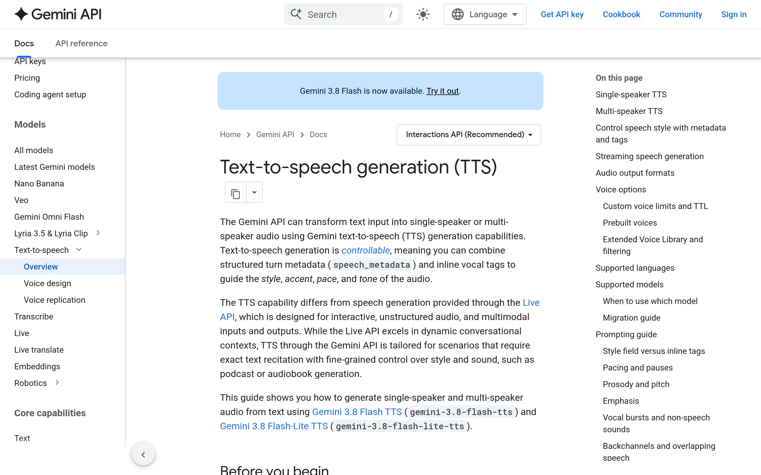 Gemini API text-to-speech documentation page showing the two Gemini 3.8 TTS model IDs and the speech_metadata controls for style, accent, pace and tone