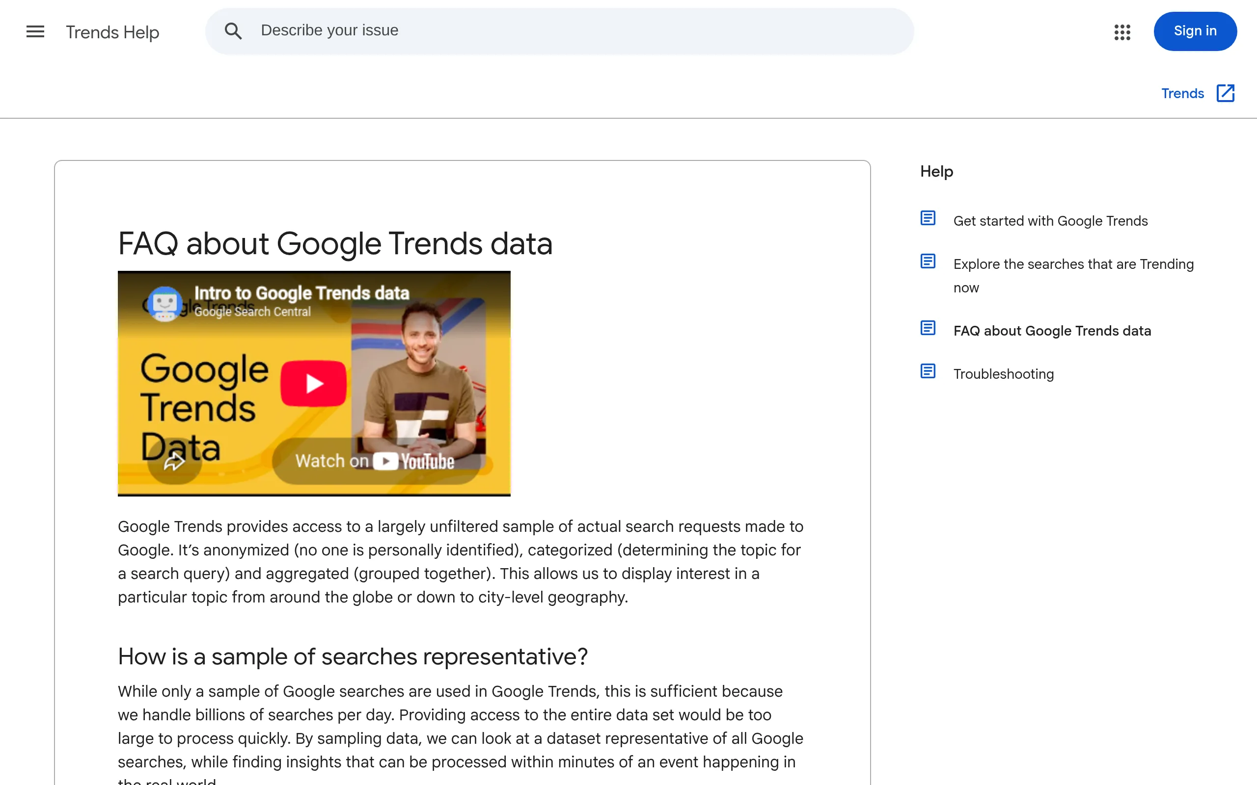 Google Trends help page explaining that search data is normalized and scaled from 0 to 100