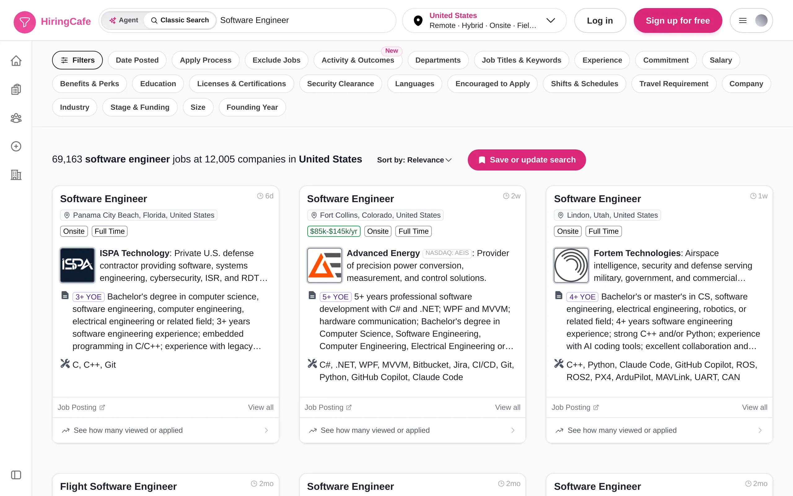 HiringCafe search results for software engineer roles in the United States, showing 69,163 jobs at 12,005 companies with filters for salary, experience, shifts and funding stage