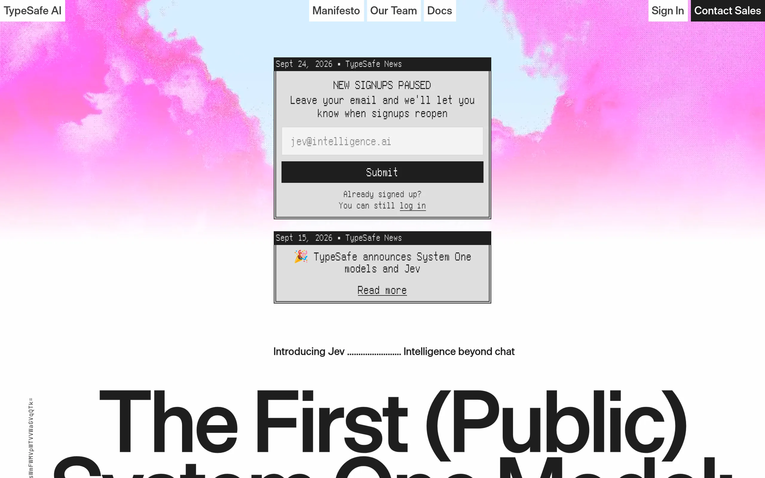 TypeSafe AI homepage captured on September 25, 2026, showing a notice dated Sept 24 that new signups are paused with an email waitlist, above the headline The First Public System One Model