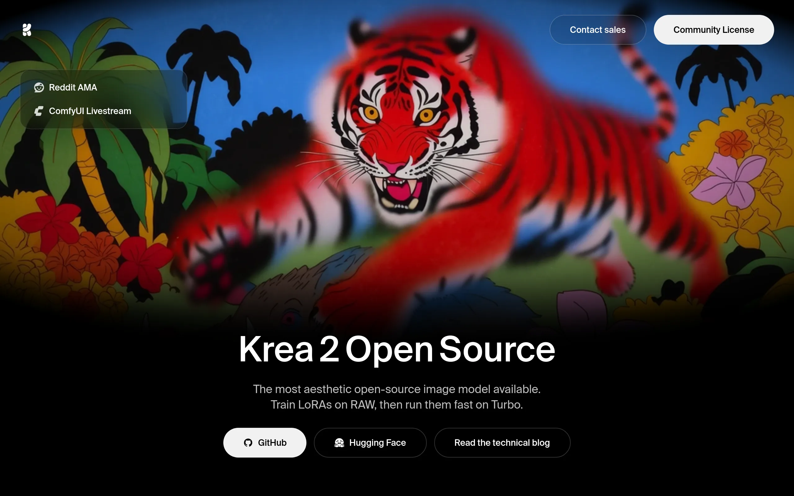 Krea 2 Open-Source page on krea.ai showing the RAW and Turbo checkpoints with GitHub and Hugging Face download links