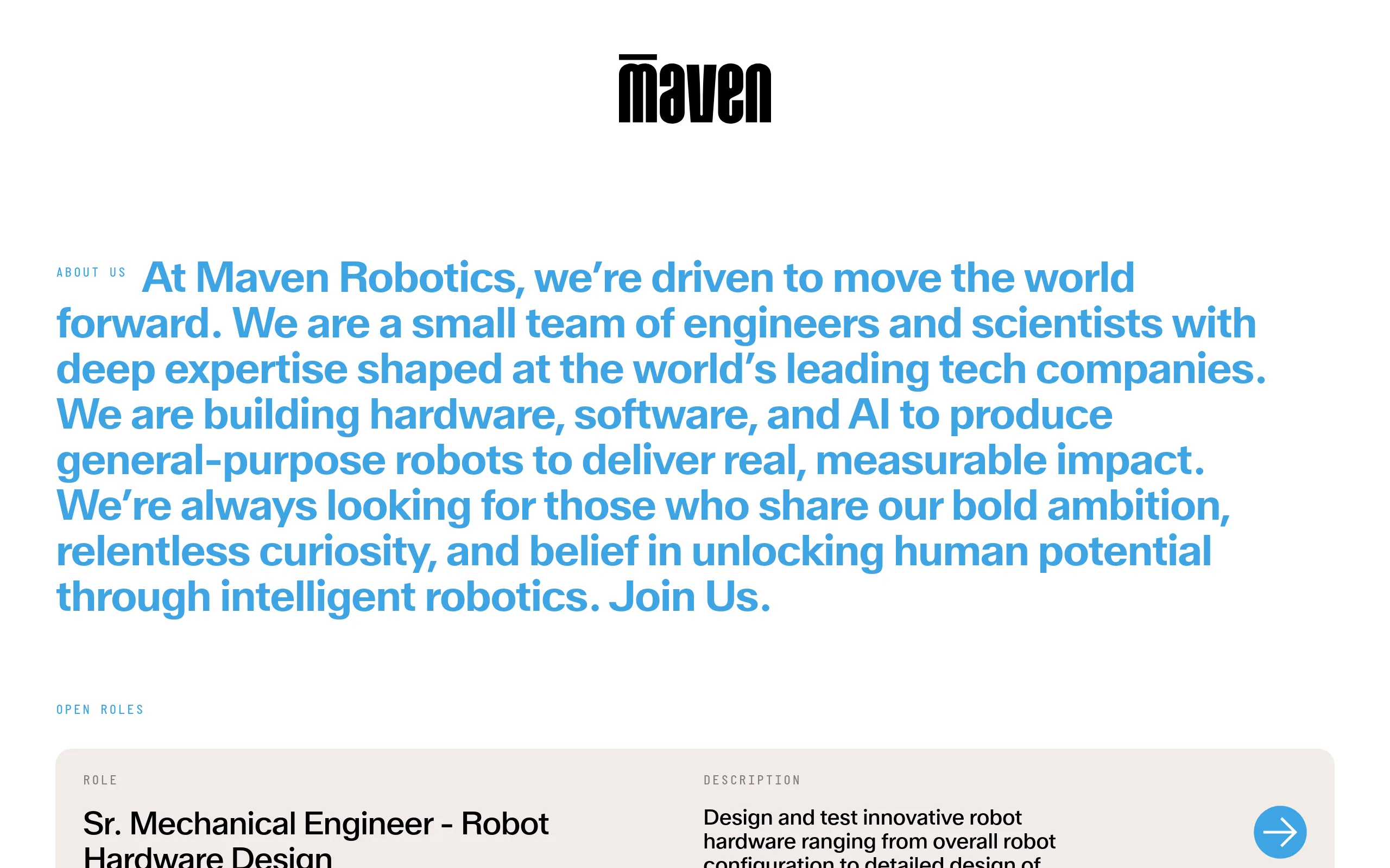 Maven Robotics careers page listing open engineering roles including robot field engineer and fleet operations software engineer