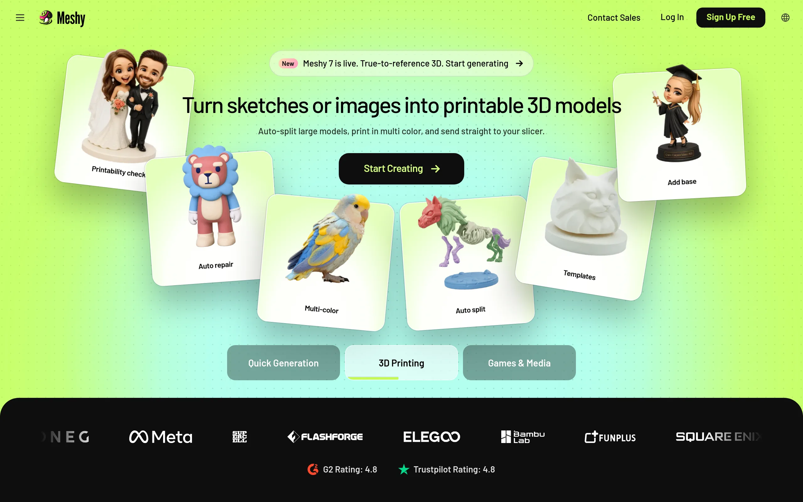 The Meshy homepage headline reads Turn sketches or images into printable 3D models, with the 3D Printing tab selected and customer logos for Meta, Supercell, FlashForge, Elegoo, Bambu Lab, FunPlus and Square Enix below