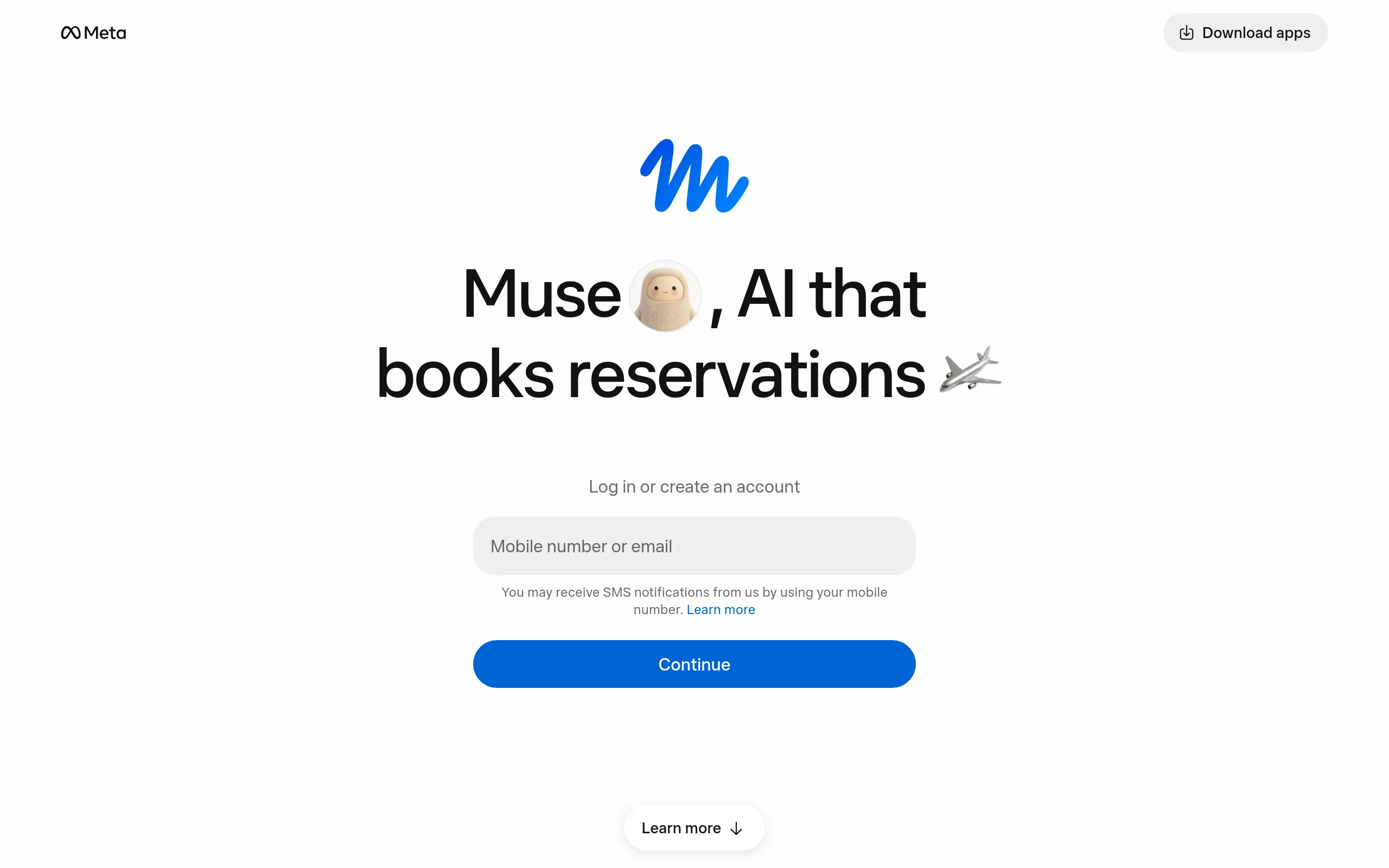The Muse home page from Meta, showing the Muse logo, a rotating headline that reads Muse, AI that books reservations, and a log in or create an account panel
