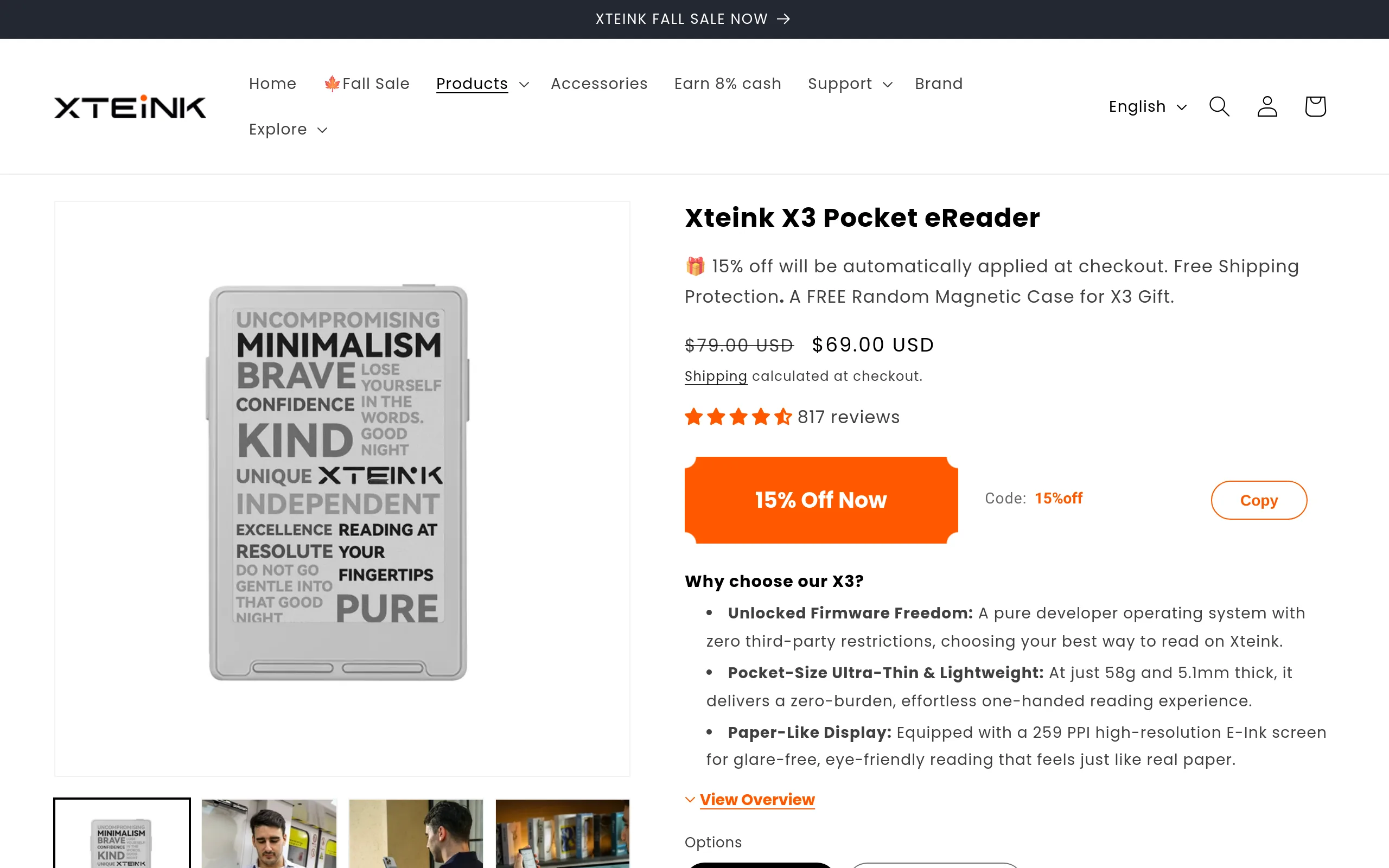 Xteink X3 pocket eReader product page showing the 3.7 inch device priced at 69 dollars with 817 customer reviews