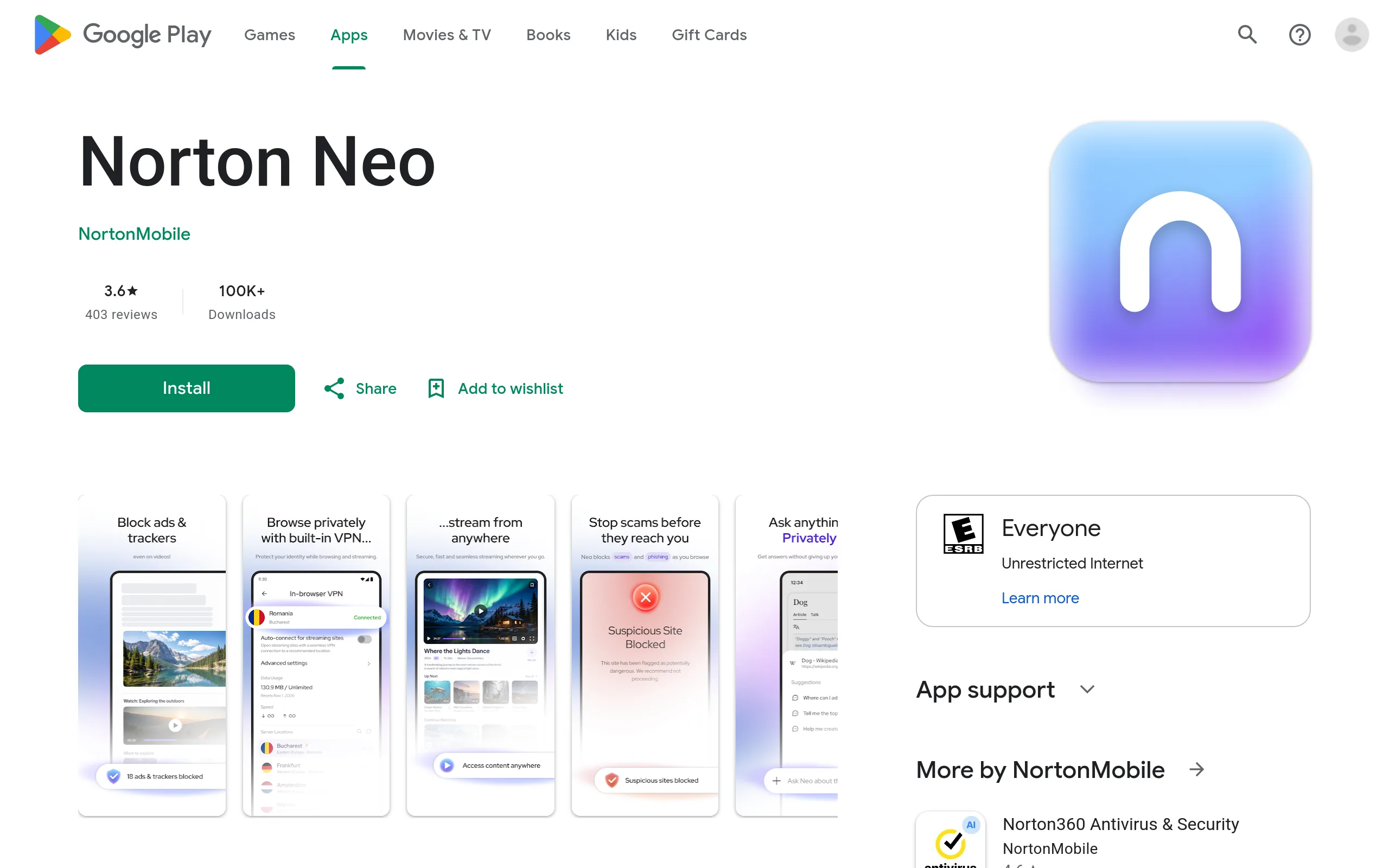 Google Play listing for Norton Neo by NortonMobile, 3.6 stars from 403 reviews and 100K plus downloads