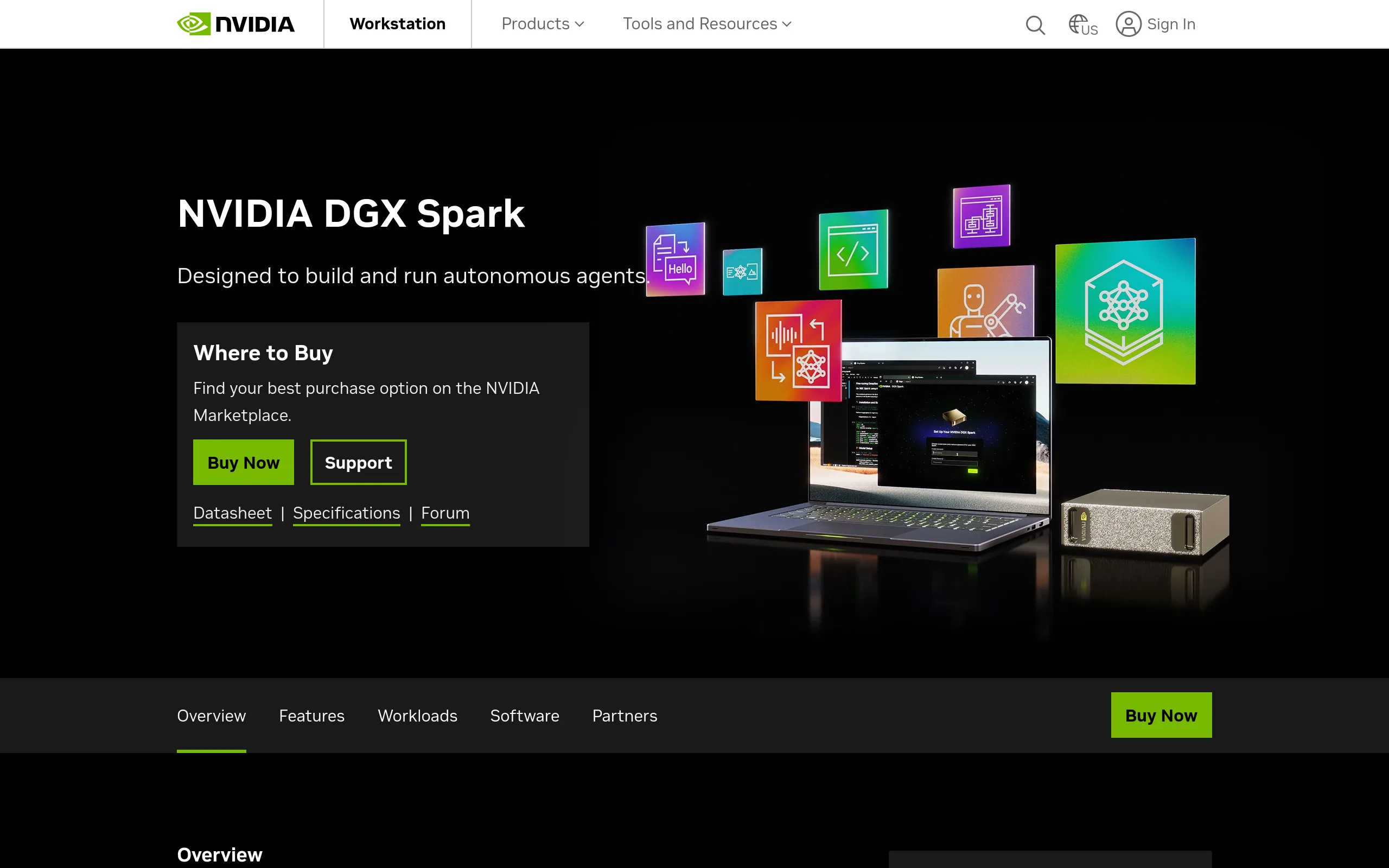 NVIDIA DGX Spark product page describing a personal AI supercomputer with the GB10 Grace Blackwell superchip and 128 GB of unified memory