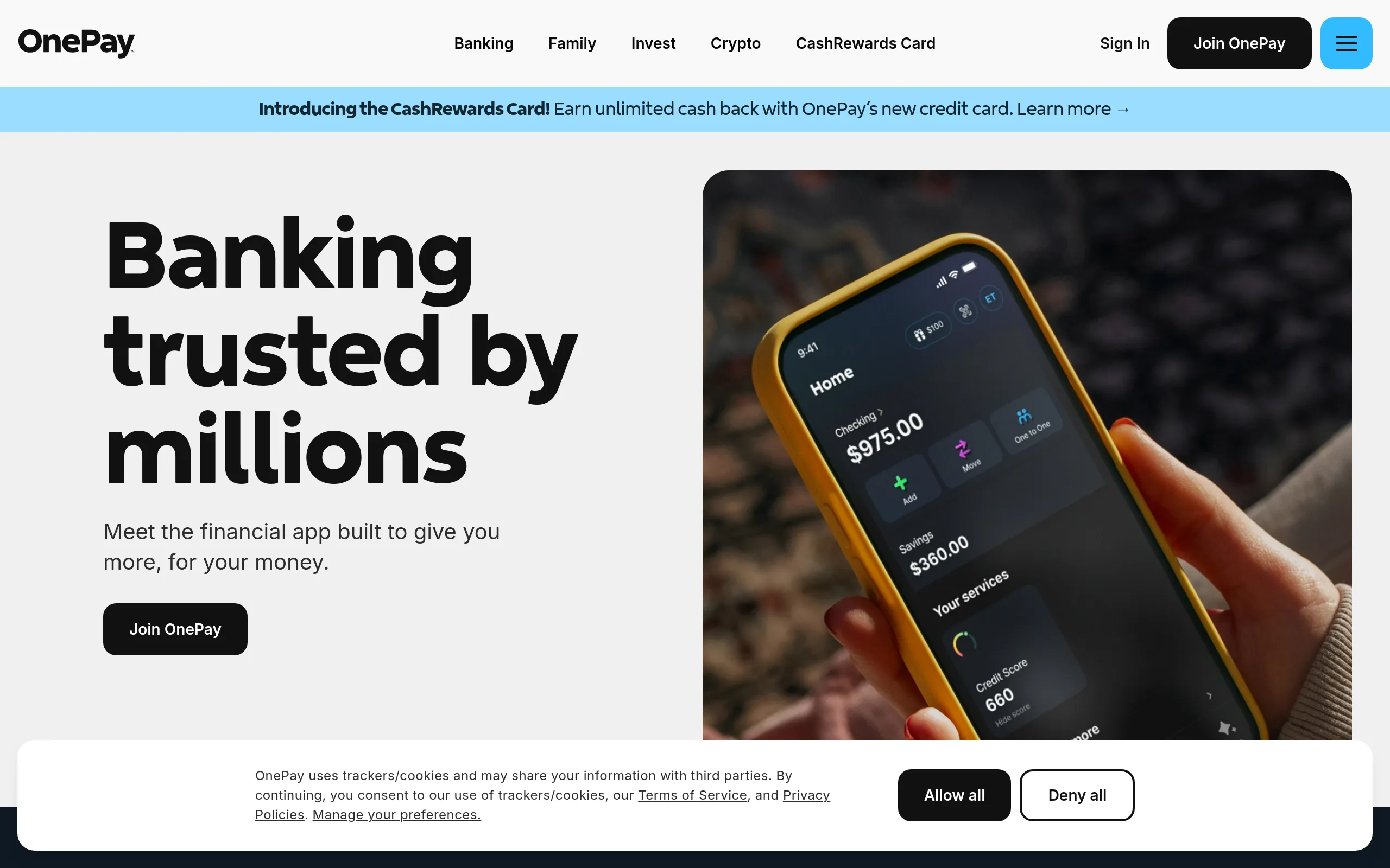 OnePay homepage with the headline Banking trusted by millions, a phone showing checking, savings and a 660 credit score in one app, and a banner introducing the CashRewards Card
