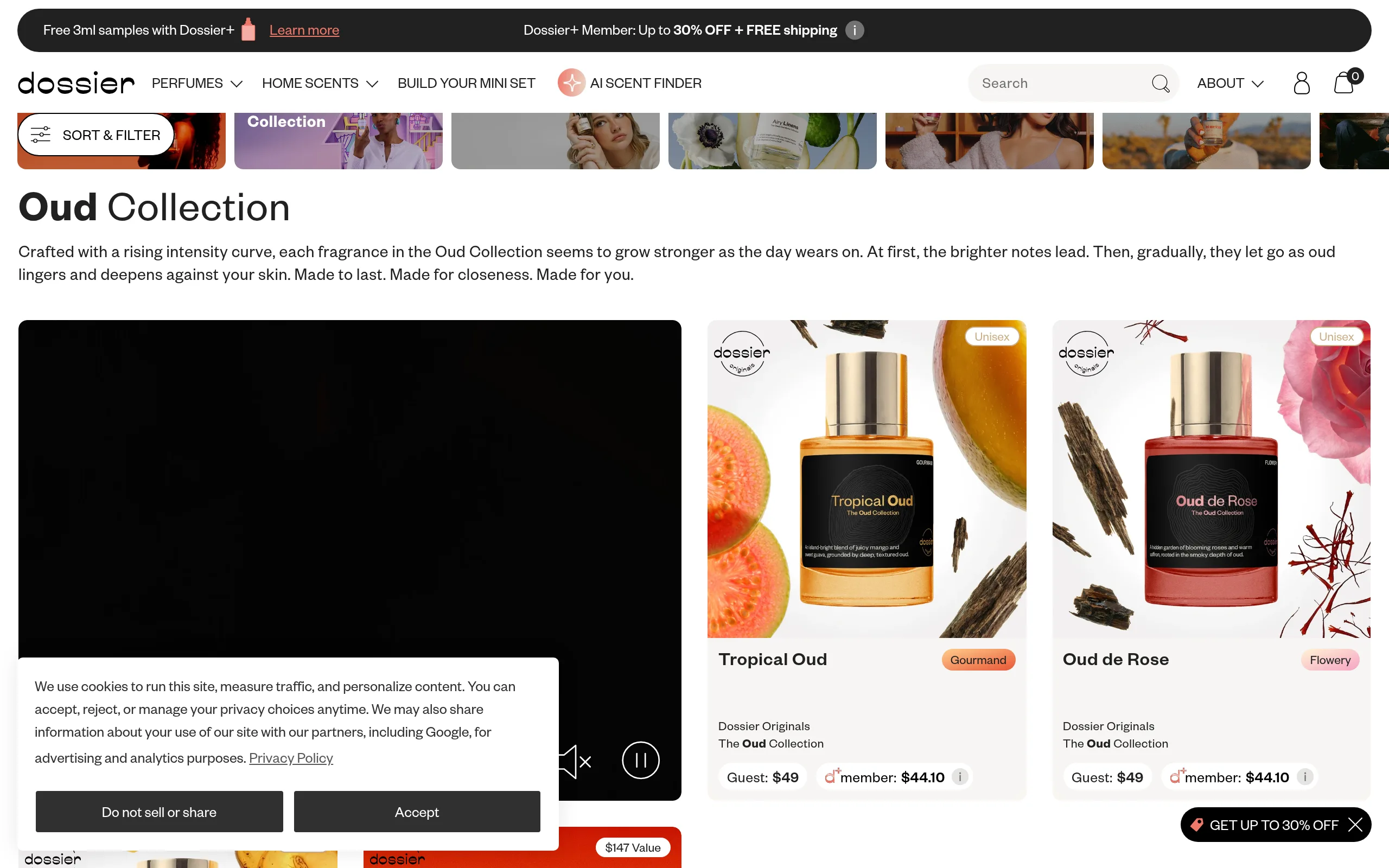 Dossier Oud Collection page with Tropical Oud and Oud de Rose bottles, each priced at 49 dollars for guests and 44.10 for members
