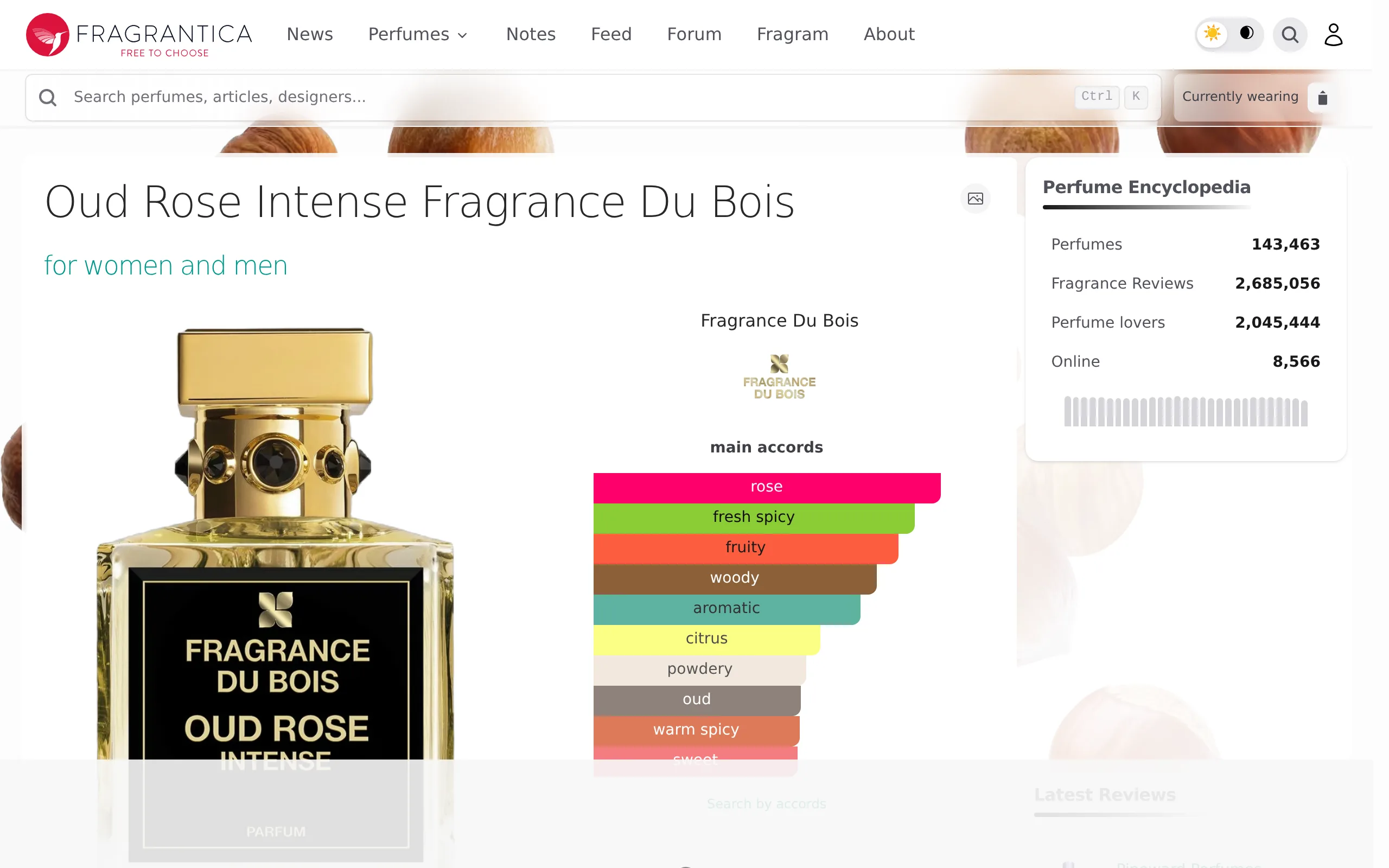 Fragrantica page for Oud Rose Intense by Fragrance Du Bois, with rose at the top of the main accords bar chart and oud listed below woody and powdery