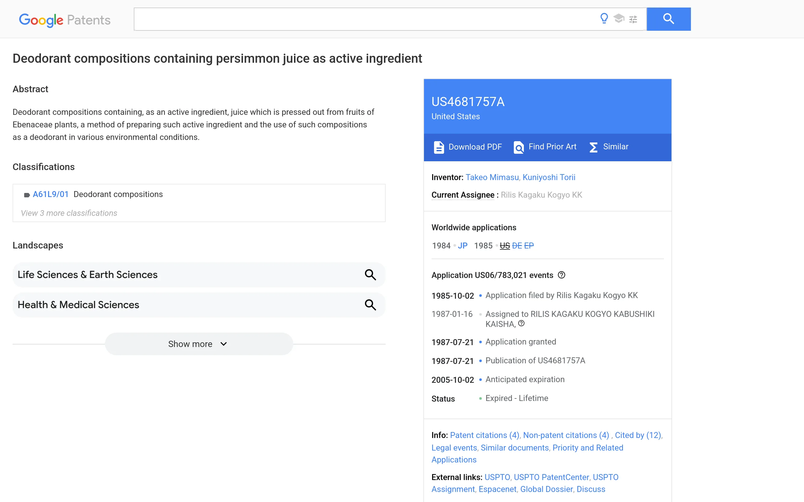 Google Patents page for US 4,681,757, Deodorant compositions containing persimmon juice as active ingredient, filed October 1985