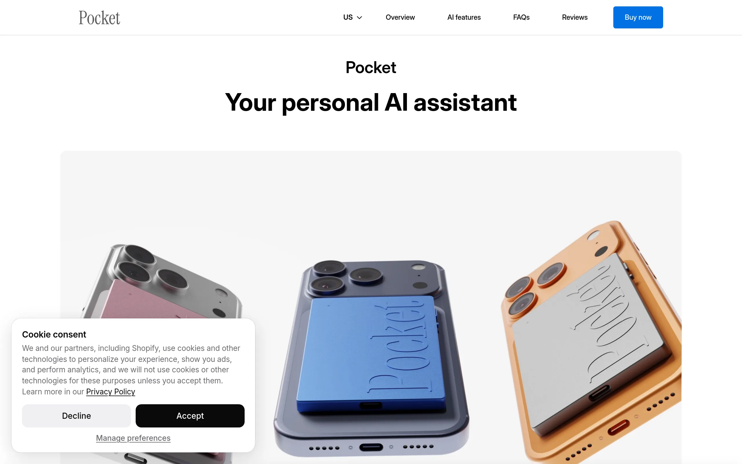 The Pocket product page on heypocket.com, showing the credit-card-sized recorder and the line Your personal AI assistant
