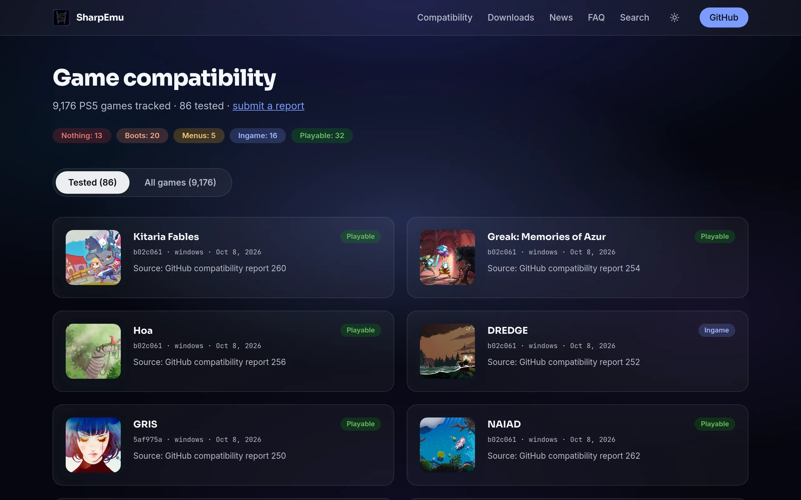 The SharpEmu compatibility database, headed 9,176 PS5 games tracked and 86 tested, with status counts reading Nothing 13, Boots 20, Menus 5, Ingame 16, Playable 32, above per-game cards for Kitaria Fables, Greak, Hoa, DREDGE, GRIS and NAIAD