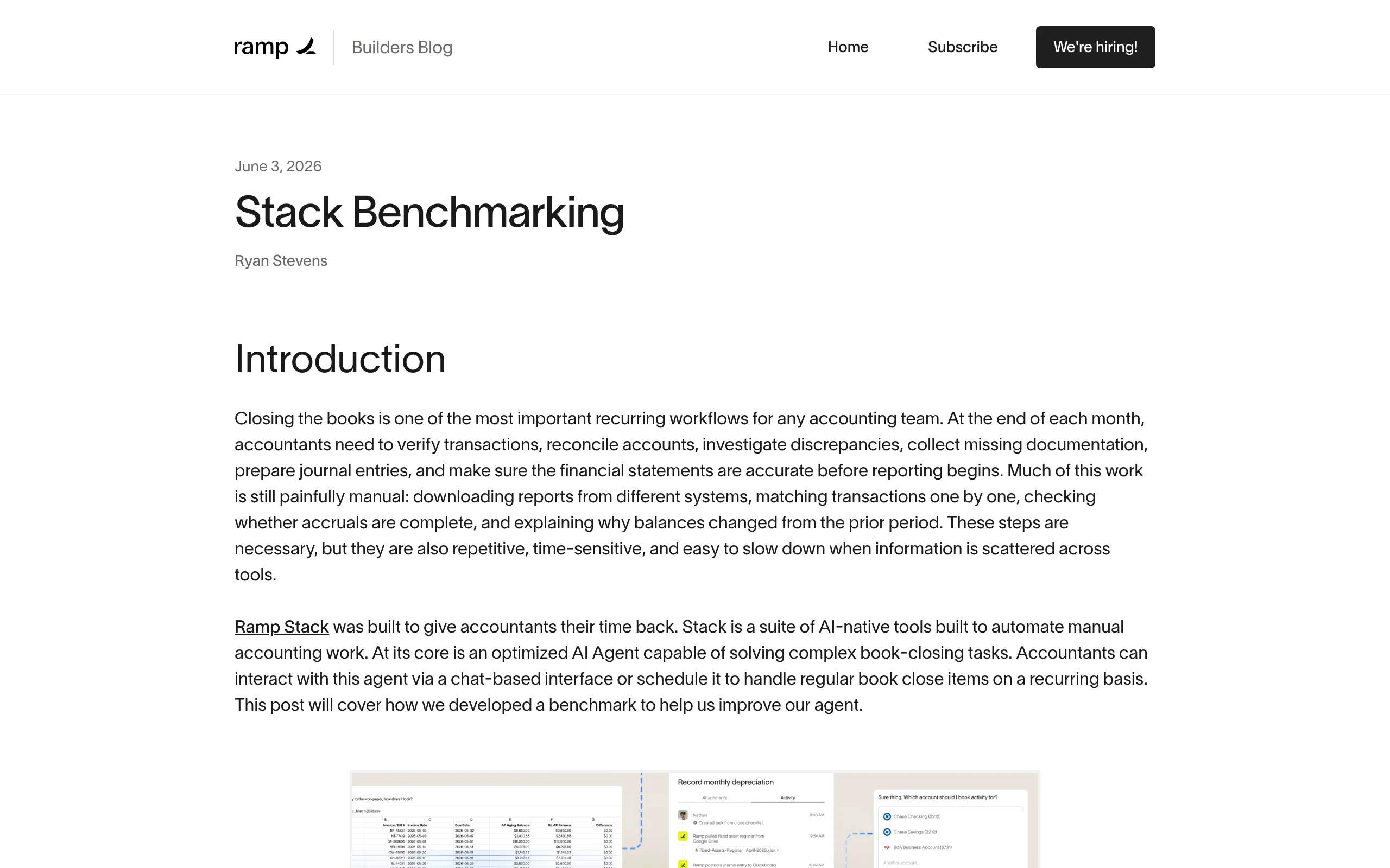 Ramp engineering blog post dated June 3 2026, titled Stack Benchmarking by Ryan Stevens, describing the accounting benchmark behind the agent