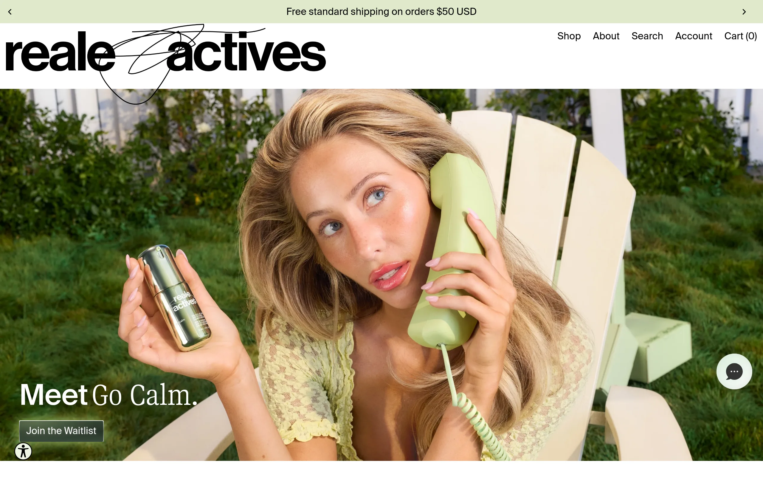 Reale Actives homepage on 17 September 2026, a Meet Go Calm campaign image of a model holding the new serum, with a Join the Waitlist button
