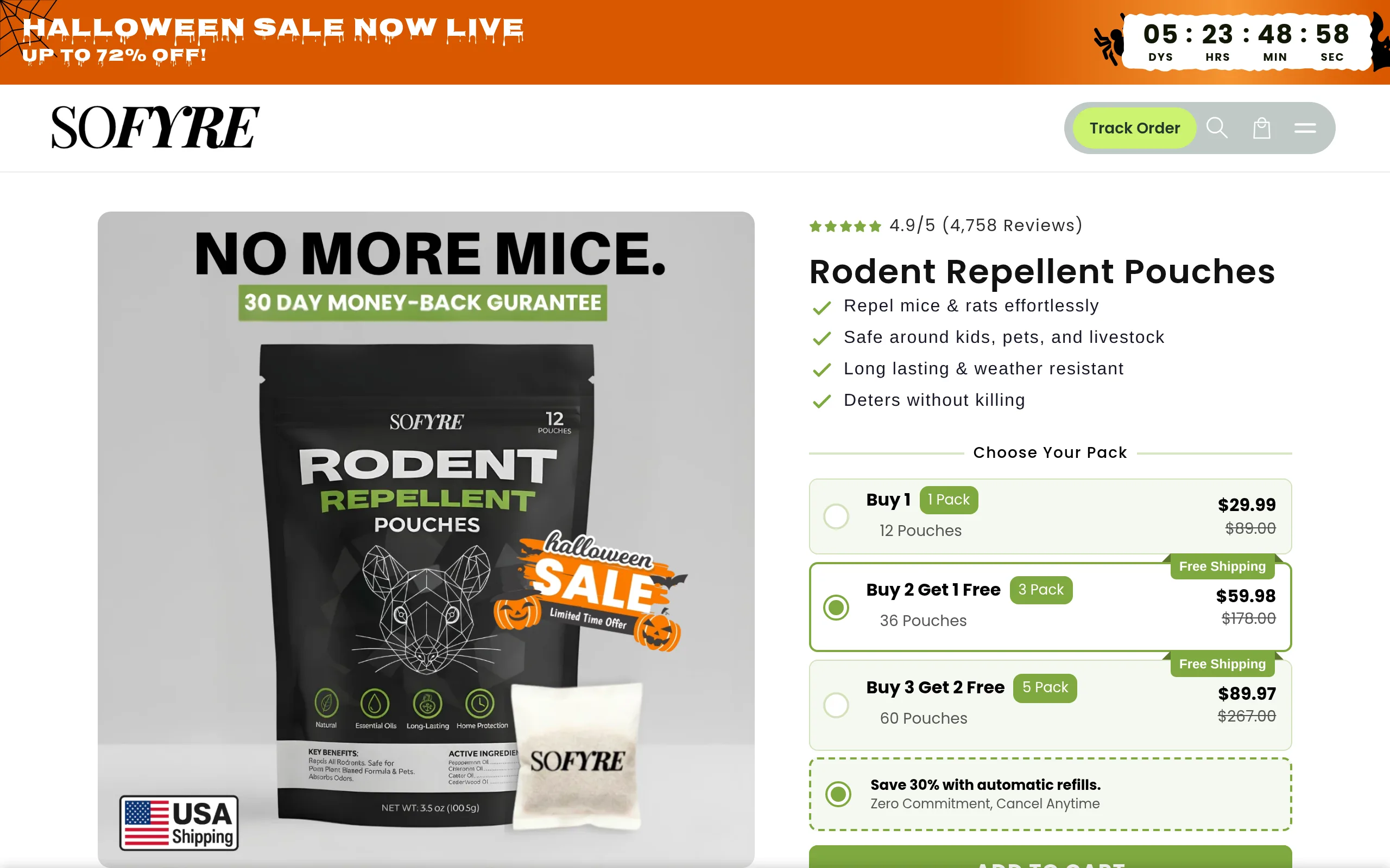 SoFyre rodent repellent pouch product page showing 4.9 out of 5 from 4,758 reviews and a 12 pouch pack discounted to 29.99 dollars
