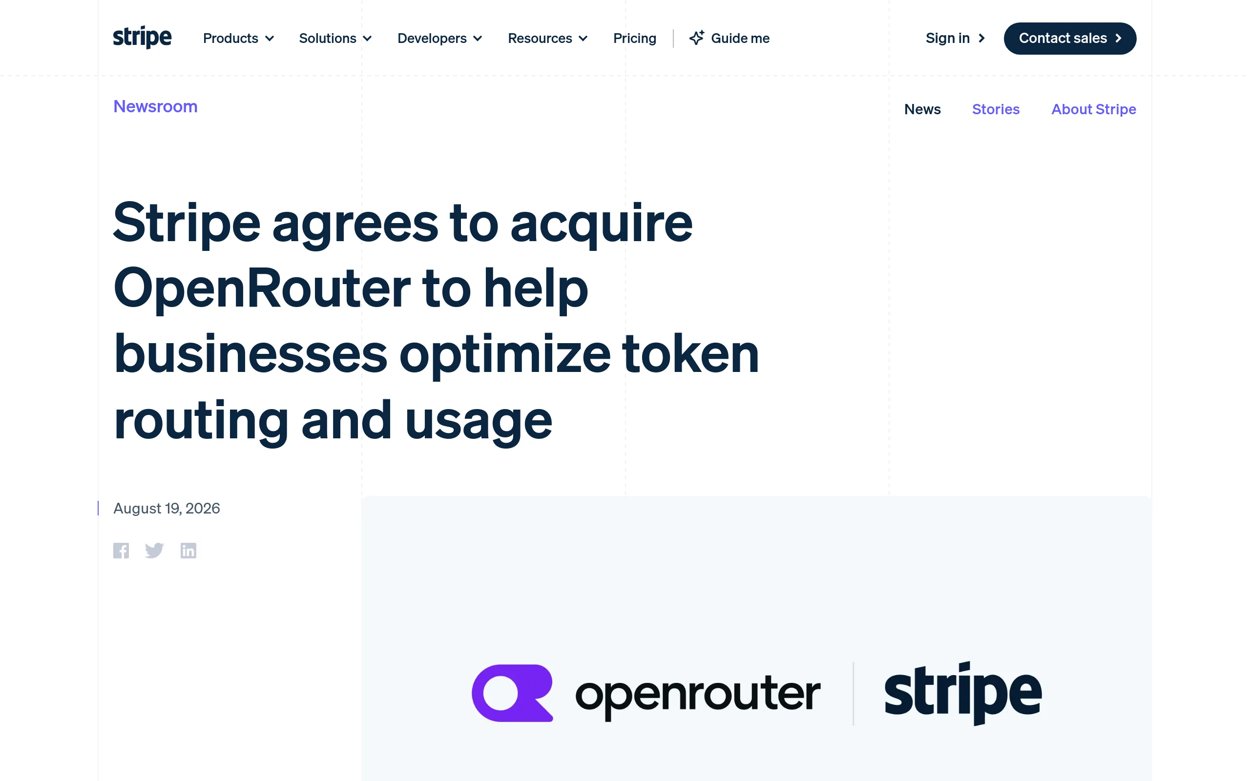 Stripe newsroom page dated August 19 2026 announcing it has agreed to acquire OpenRouter, the AI model gateway routing across 400 plus models