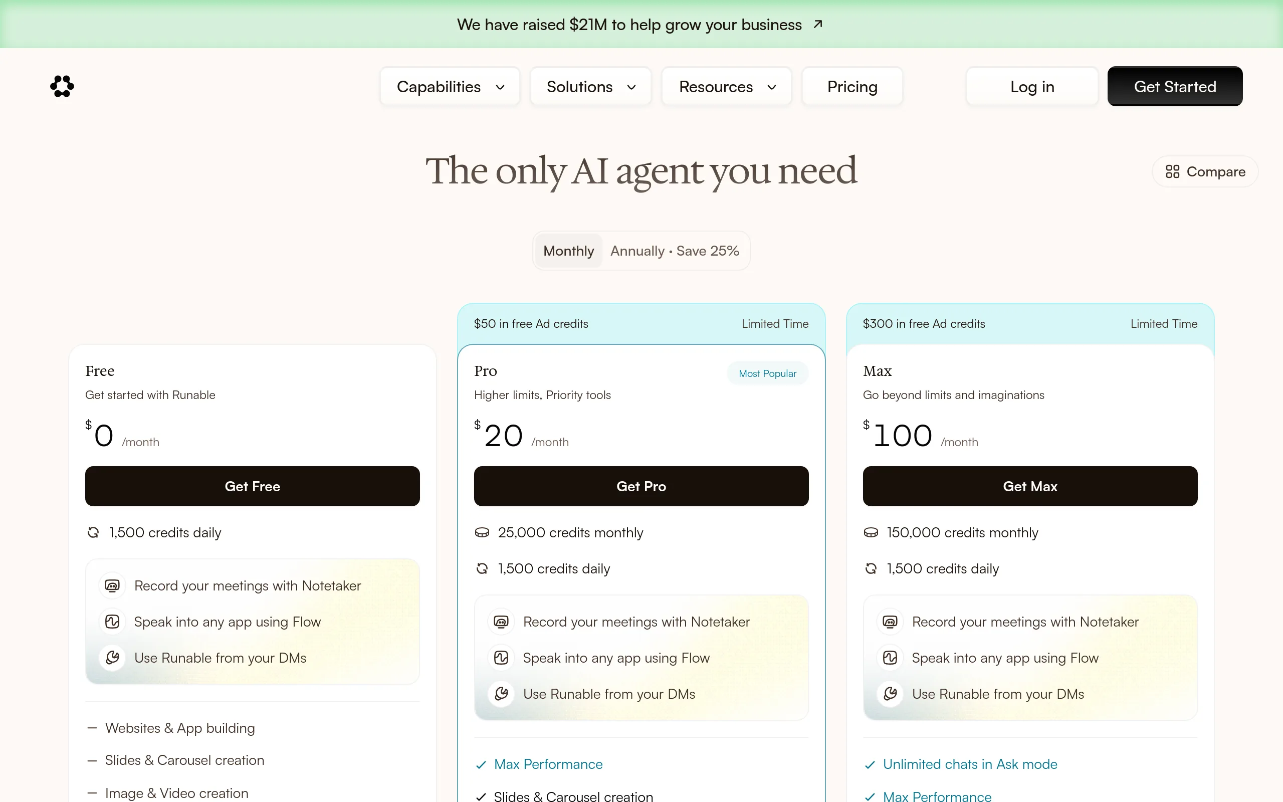 Runable pricing page showing a free plan with 1,500 daily credits, a Pro plan at 20 dollars a month and a Max plan at 100 dollars a month