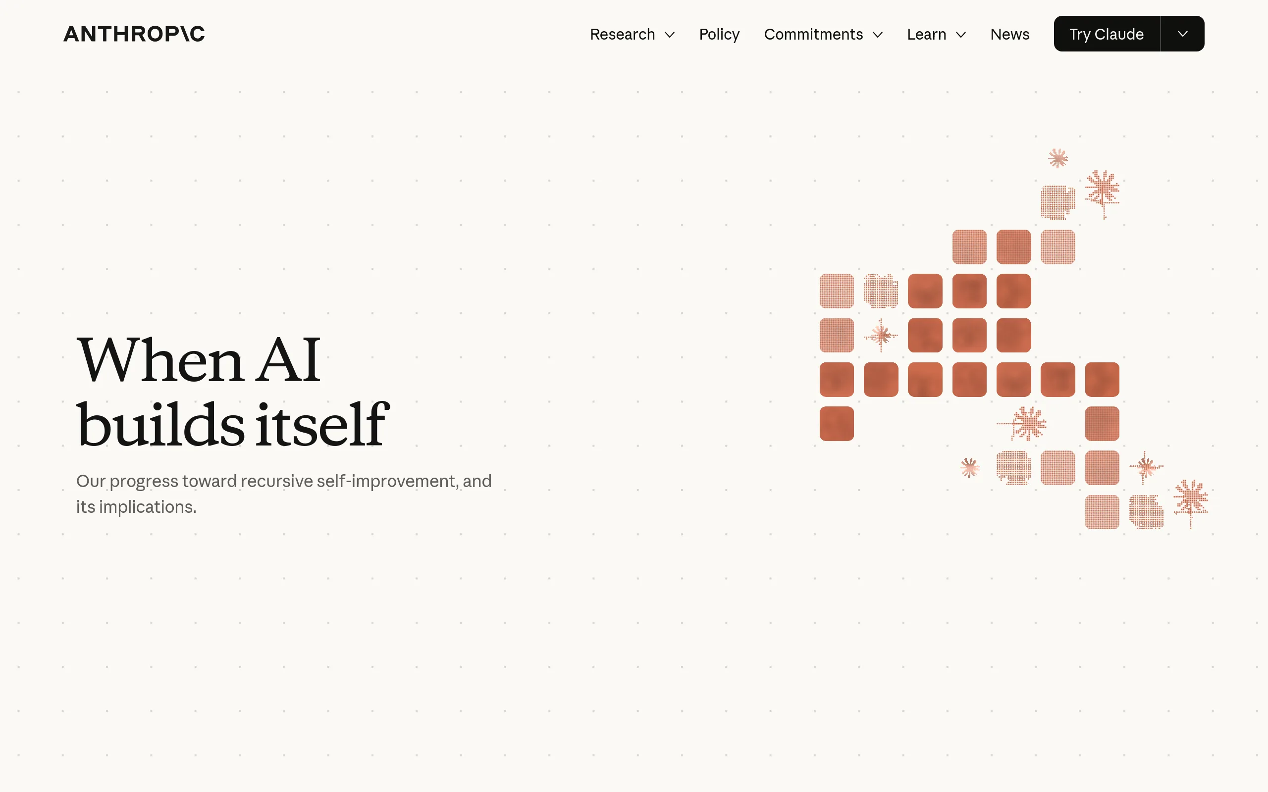 Anthropic Institute page titled When AI builds itself, subtitled Our progress toward recursive self-improvement, and its implications