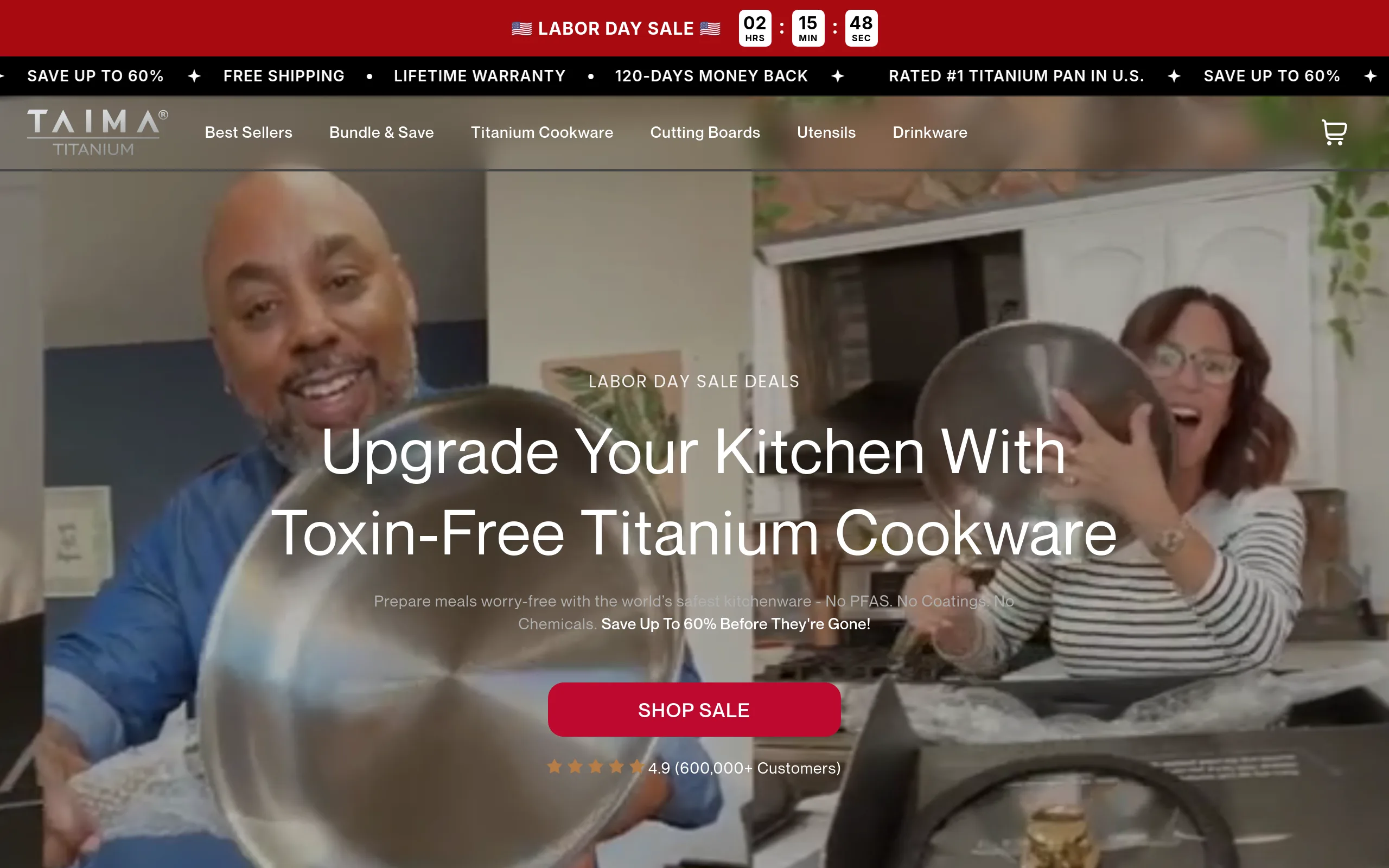 Taima Titanium homepage with a Labor Day sale countdown timer, a banner reading save up to 60 percent, free shipping, lifetime warranty, 120-days money back and rated number 1 titanium pan in U.S., over the headline Upgrade Your Kitchen With Toxin-Free Titanium Cookware