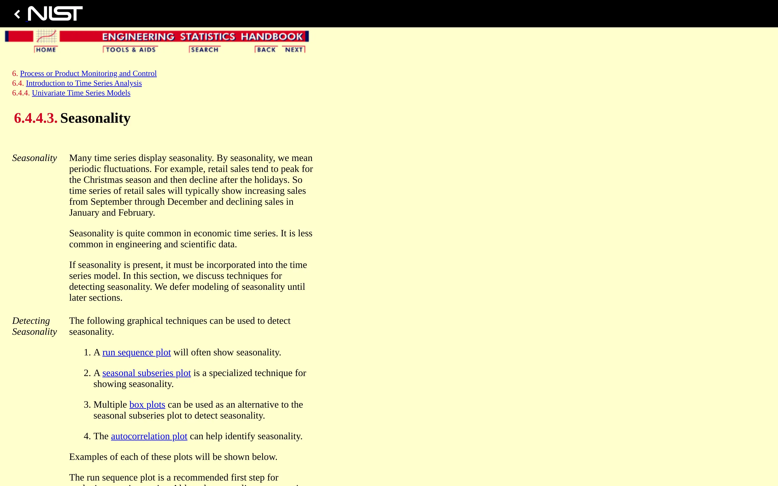 NIST handbook page on seasonality showing run sequence and seasonal subseries plots of monthly CO2 data