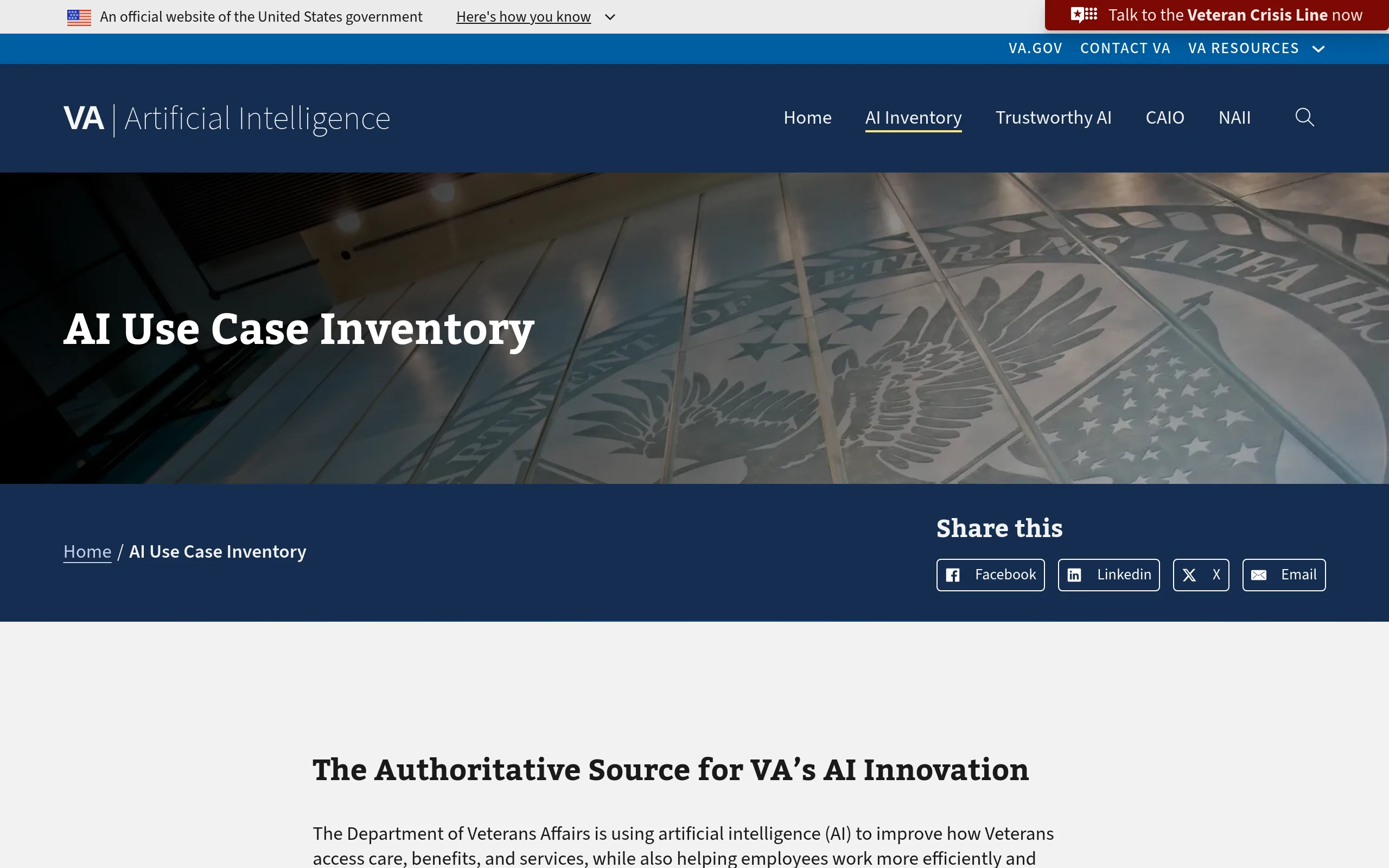 VA AI Use Case Inventory page listing 367 individual AI use cases and 13 consolidated use cases across the department