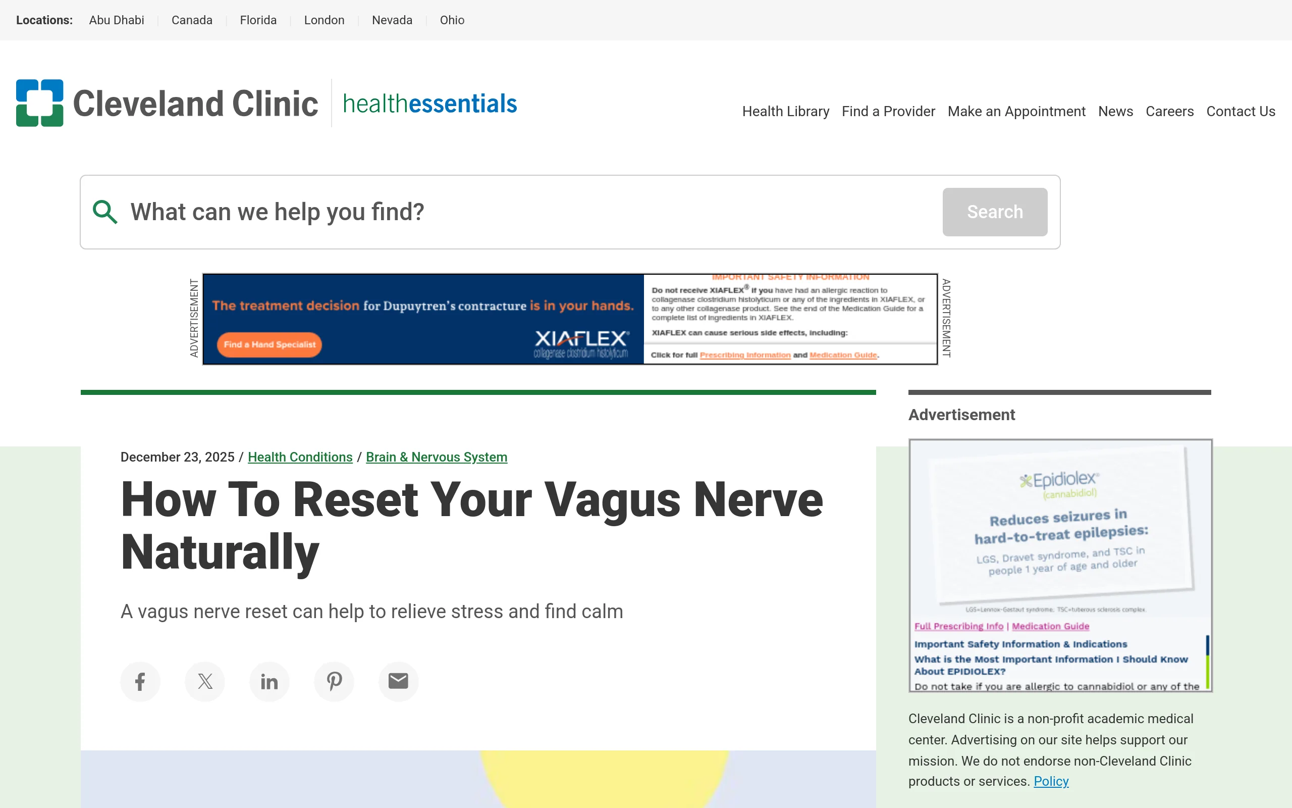 Cleveland Clinic article headlined How To Reset Your Vagus Nerve Naturally, dated December 23, 2025, with the subtitle A vagus nerve reset can help to relieve stress and find calm