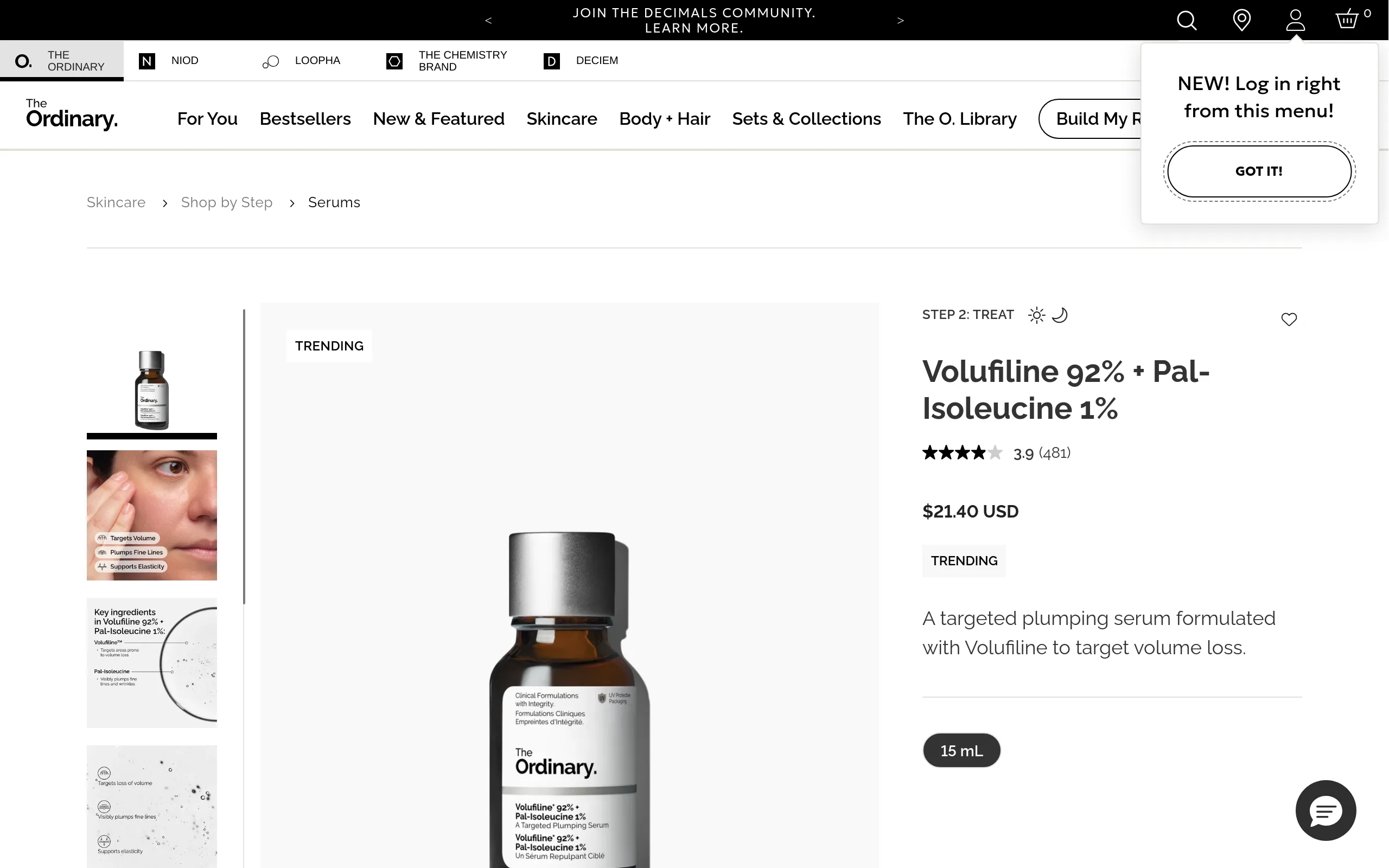 The Ordinary product page for Volufiline 92% + Pal-Isoleucine 1%, a 15 mL targeted plumping serum priced at 21.40 USD with a 3.9 star rating from 481 reviews and a TRENDING badge