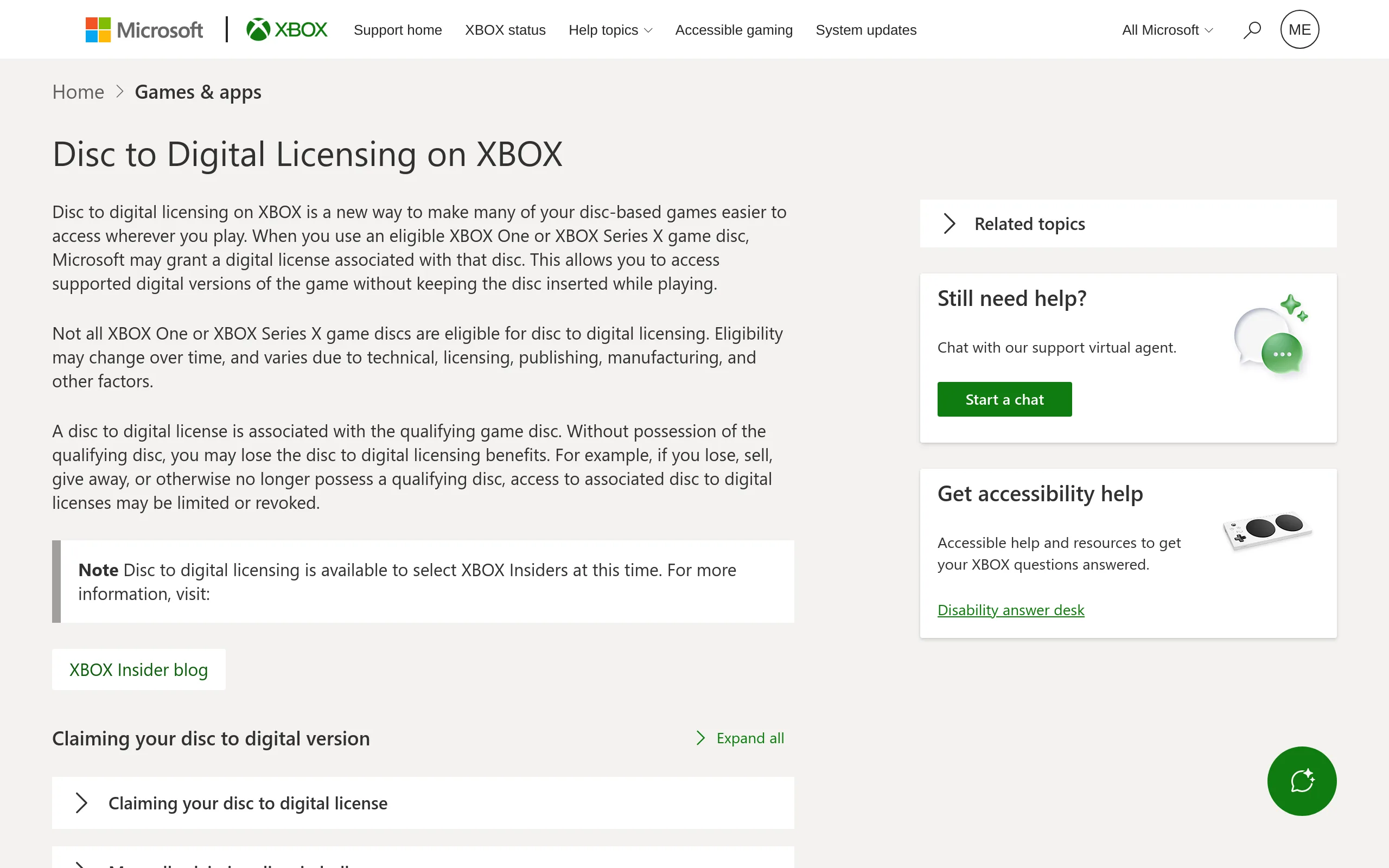 Xbox Support page titled Disc to digital licensing on Xbox, showing the steps to claim a digital license from a game disc