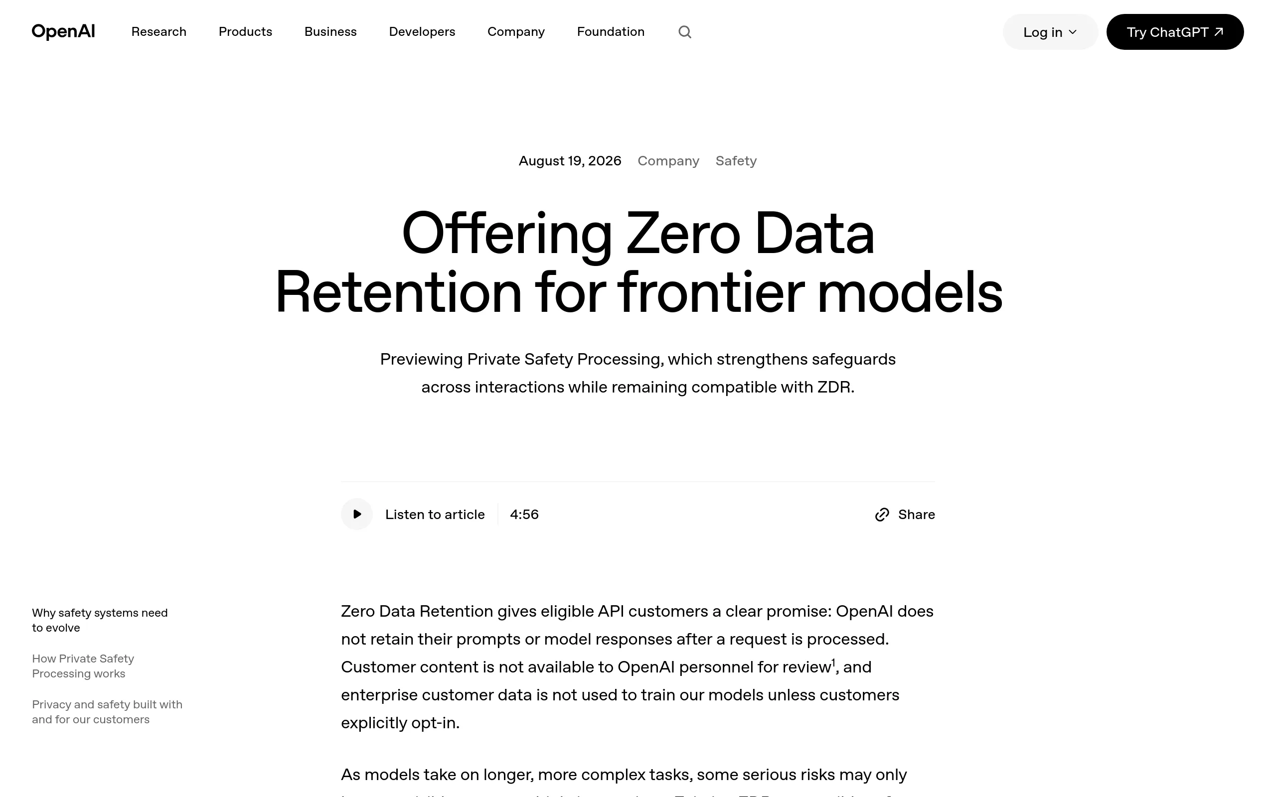 OpenAI page titled Offering Zero Data Retention for frontier models, previewing Private Safety Processing, dated August 19 2026
